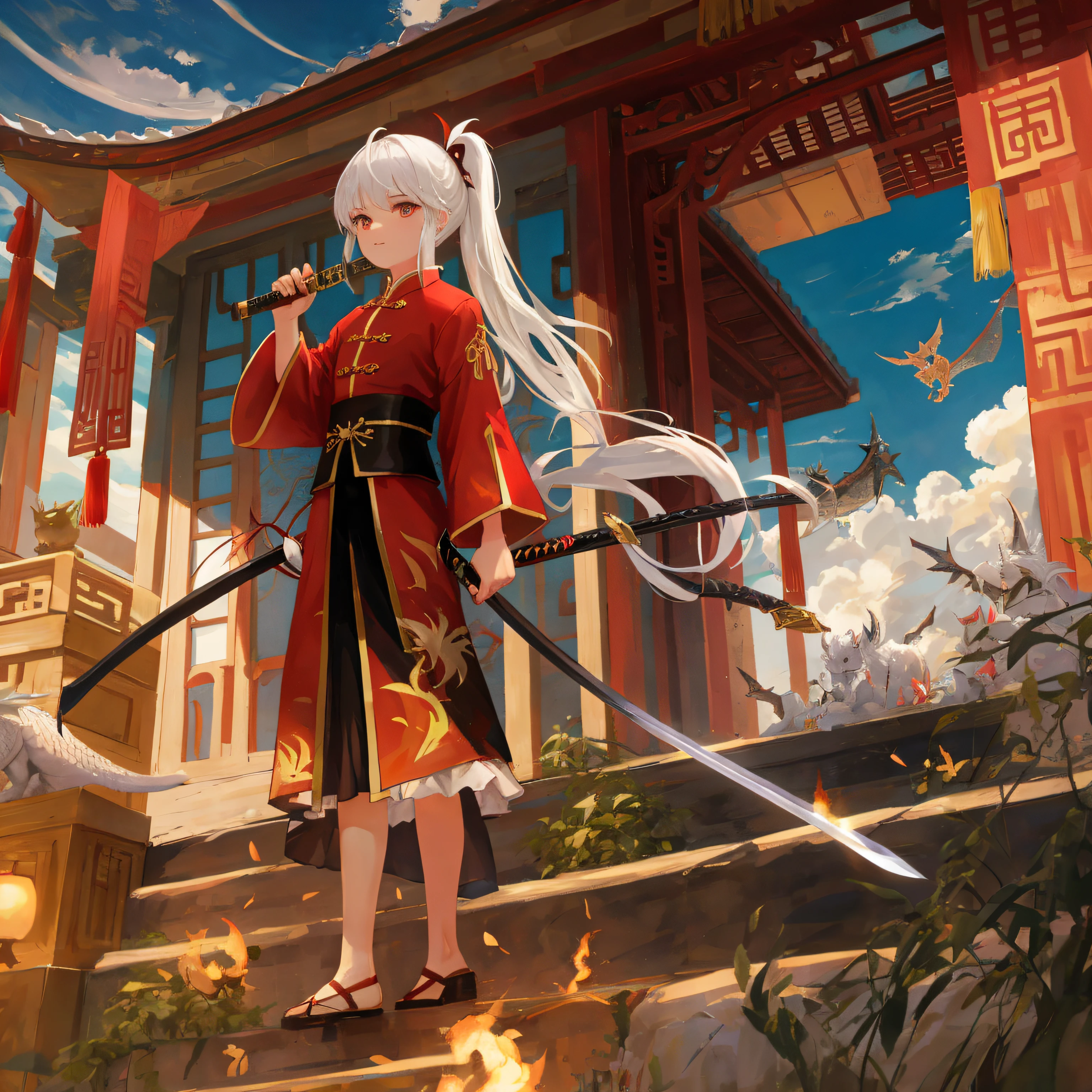 chinesedragon,drak,a Oriental Dragons,arma,The sword,holdingweapon,1girll,long whitr hair,clouds,standing on your feet,clutching a sword,female focus, Skysky, pony tails, Silvery-white hair, long sword, exteriors, mostly cloudy sky, banya,Chinese clothes,Back view,电影灯光