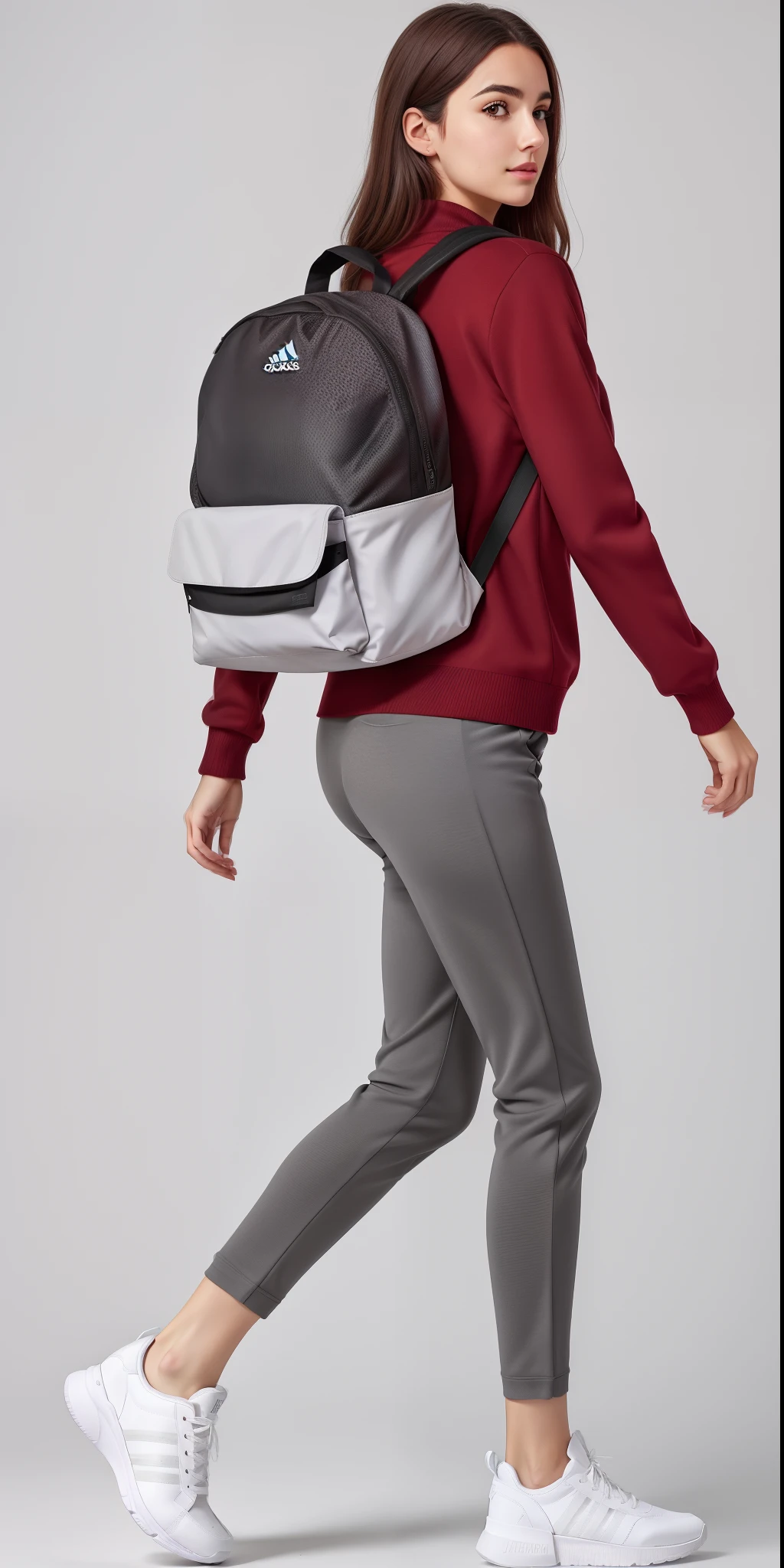 A beautiful woman in a red sweater and gray pants carrying a backpack, roupas esportivas, roupas esportivas, apenas vermelho e cinza, Futuristic technological wear and tear, roupas esportivas vermelhas, moda do futuro, uma mochila, roupas do futuro, mochila, roupas esportivas fofas, hind legs and human sneakers, com uma mochila, smart textiles, 2 mulheres techwear, usando roupas adidas