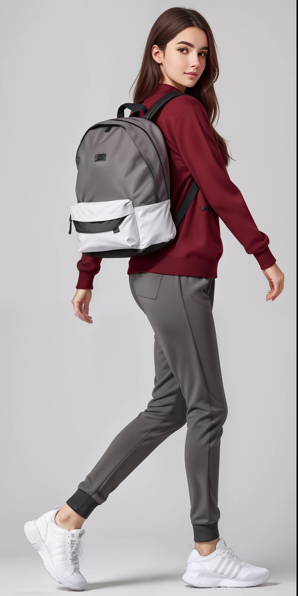 A beautiful woman in a red sweater and gray pants carrying a backpack, roupas esportivas, roupas esportivas, apenas vermelho e cinza, Futuristic technological wear and tear, roupas esportivas vermelhas, moda do futuro, uma mochila, roupas do futuro, mochila, roupas esportivas fofas, hind legs and human sneakers, com uma mochila, smart textiles, 2 mulheres techwear, usando roupas adidas