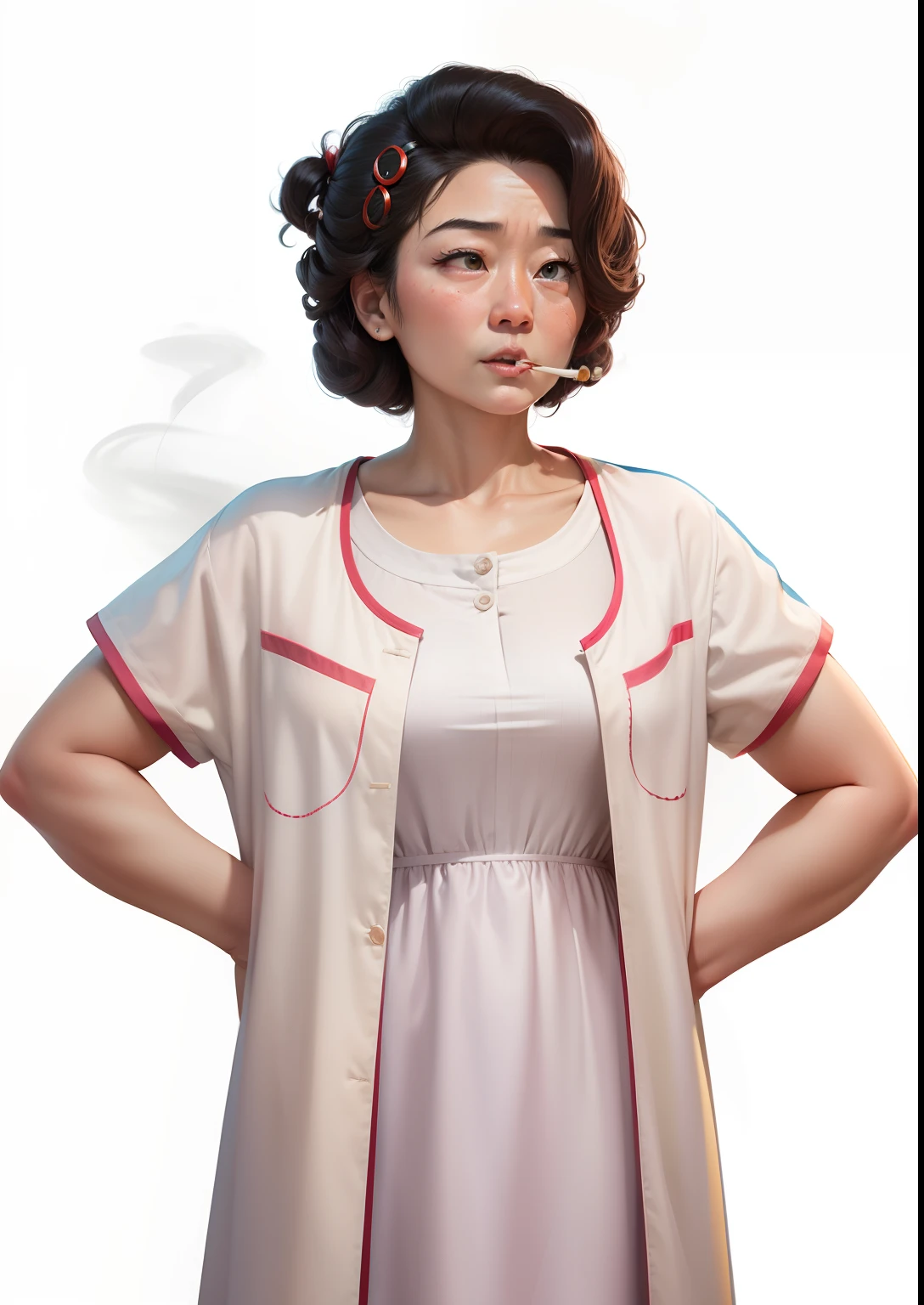 (Pixar 1.23 Style),There was a woman with a curling hair on her head smoking,Chartered mother-in-law,Yuan Qiu,Exaggerated expressions