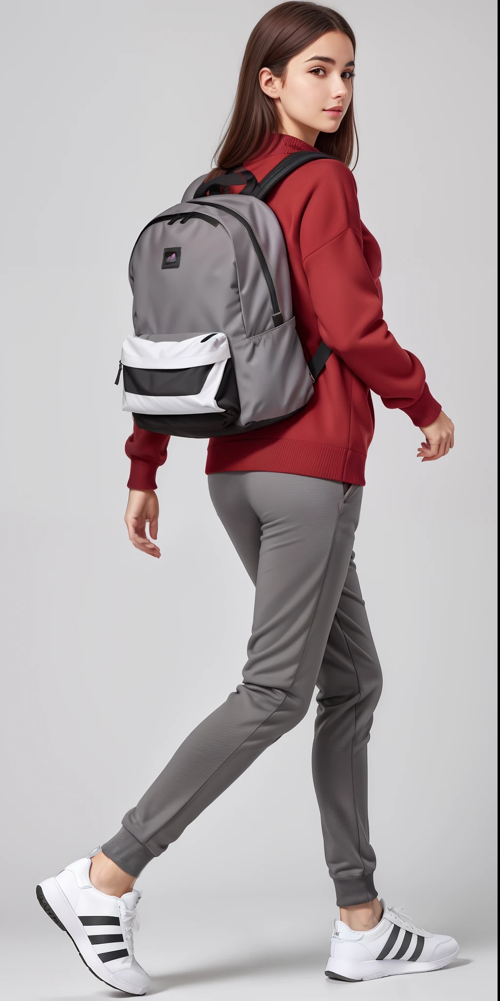 A beautiful woman in a red sweater and gray pants carrying a backpack, roupas esportivas, roupas esportivas, apenas vermelho e cinza, Futuristic technological wear and tear, roupas esportivas vermelhas, moda do futuro, uma mochila, roupas do futuro, mochila, roupas esportivas fofas, hind legs and human sneakers, com uma mochila, smart textiles, 2 mulheres techwear, usando roupas adidas