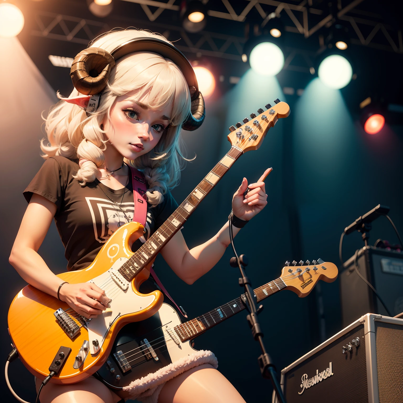 Cartoon sheep playing electric guitar,Music festival scenes,Lamb with horns and blush