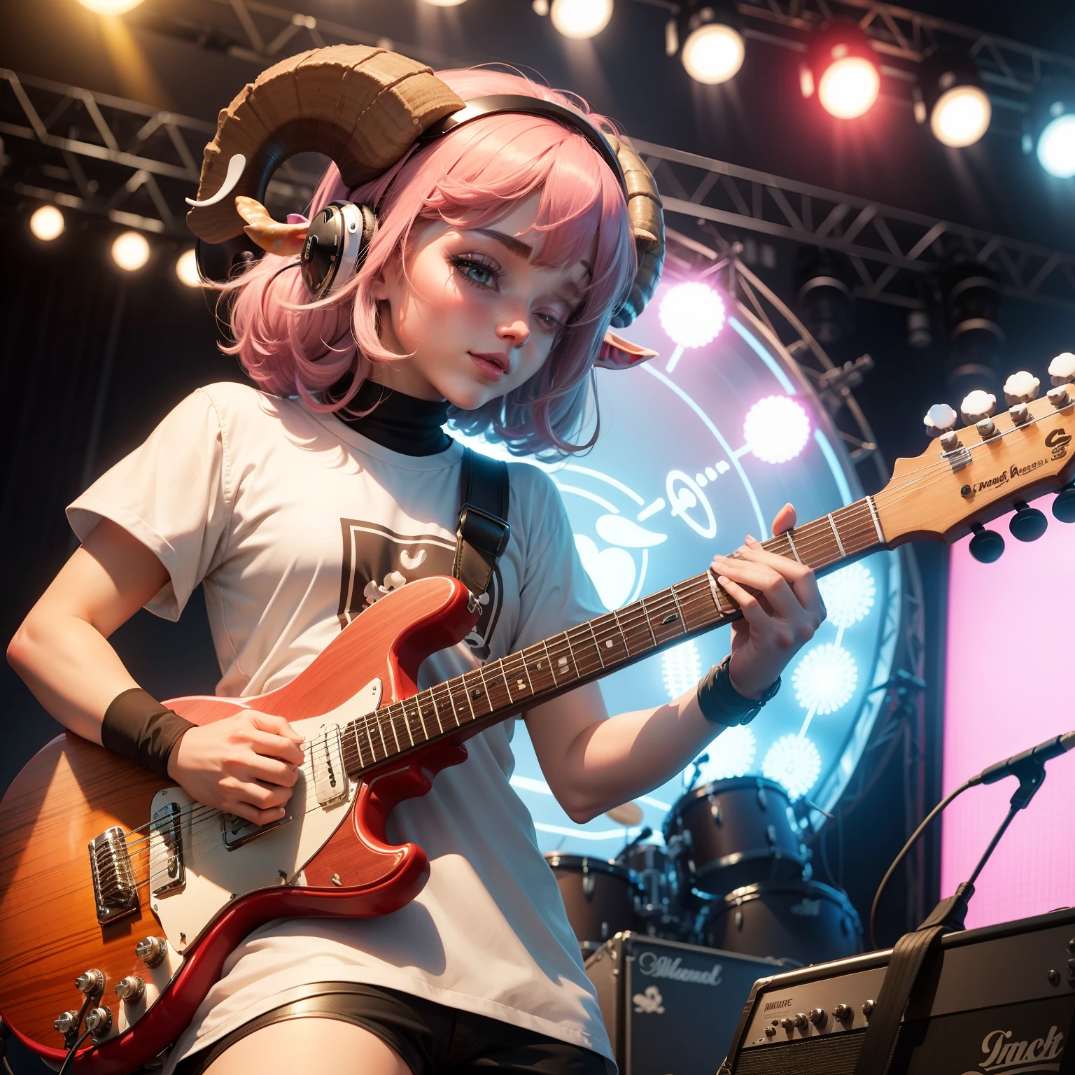 Cartoon sheep playing electric guitar,Music festival scenes,Lamb with horns and blush