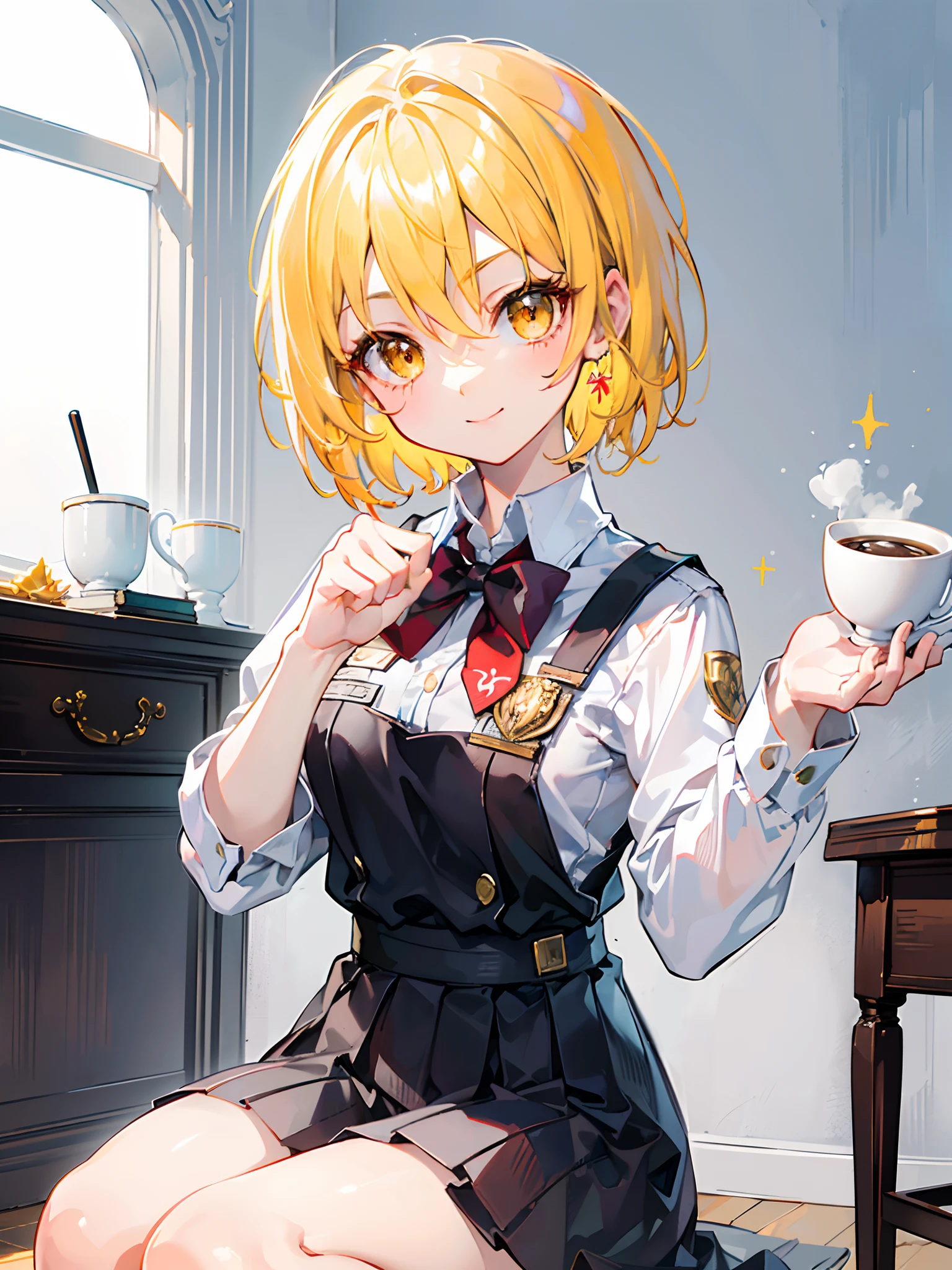 (masterpiece, sidelighting, finely detailed beautiful eyes: 1.2), ((best quality)), ((masterpiece)), (highly detailed:1.3), 1girl, solo, anime, young girl, sitting, left hand on knees, coffee in right hand, humble smile, short golden blonde hair, golden eyes, student uniform,