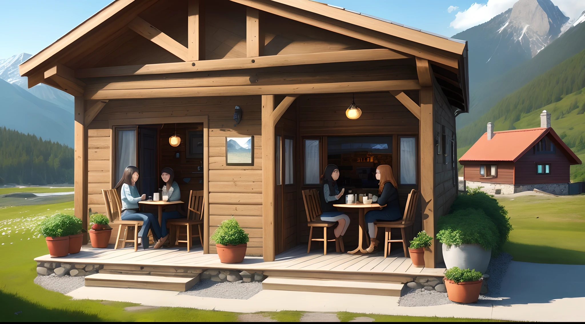 Mountainside,There is a cottage,Two girls drinking latte coffee outside the house