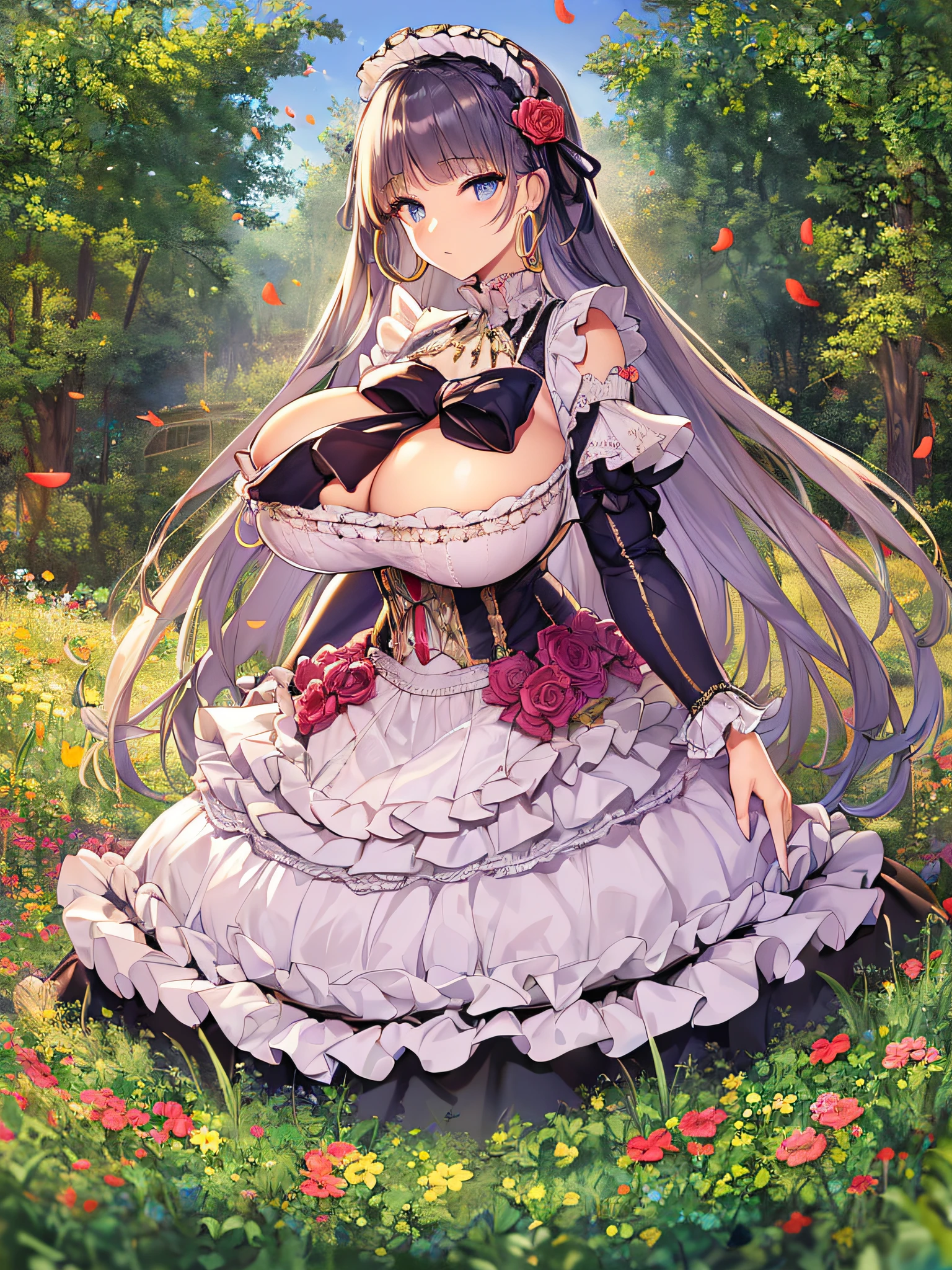 ((anime artstyle)),(Masterpiece),(Best Quality), (Super Detail),((Very Delicate and Beautiful)),(((Solo))),((full body)),(((1 princess in sweet ta dress with voluminous full length hoop skirt))),((standing in garden)),Long train,(bling-bling gorgeous gemstone jewelry),detailed face and eyes,jewel-like eyes,((large amount of straight hair,extremely voluminous Very Long Straight Hair)),(gorgeousfull embroidery and lace),((gigantic tits,Long tits)),cleavage,gorgeous corsage,See-through,((extremely gorgeousfull loliair ornament)),bling-bling extremely gorgeousfull jeweled tiara,ornate ruffles,beautiful embroidery,(hoop skirt,crinoline),flowers, flower petals flowing,((Dynamic Angle)),Looking at viewer,((full body)),(((sweet lolita d with voluminous full length hoop skirt)))