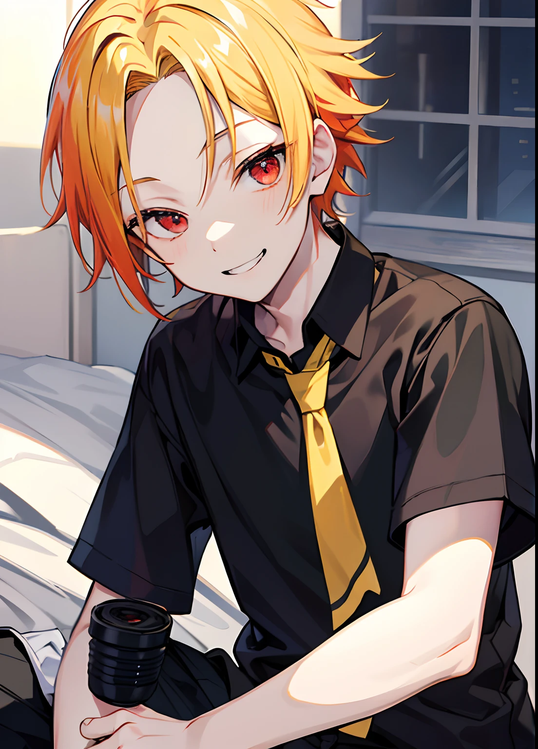 1guy, Handsome man, Solo,Man with yellow hair,up looking_で_viewer, ((masutepiece,Best Quality)), Beautiful detailed eyes, beautifull detailed face、Red eyes、Red eyes、forehead、short-hair、logn hair、a cool、outer、twinks、Young man with yellow hair、Calm、Cool System、Soothing、The best smile、Black shirt、Loose tie、