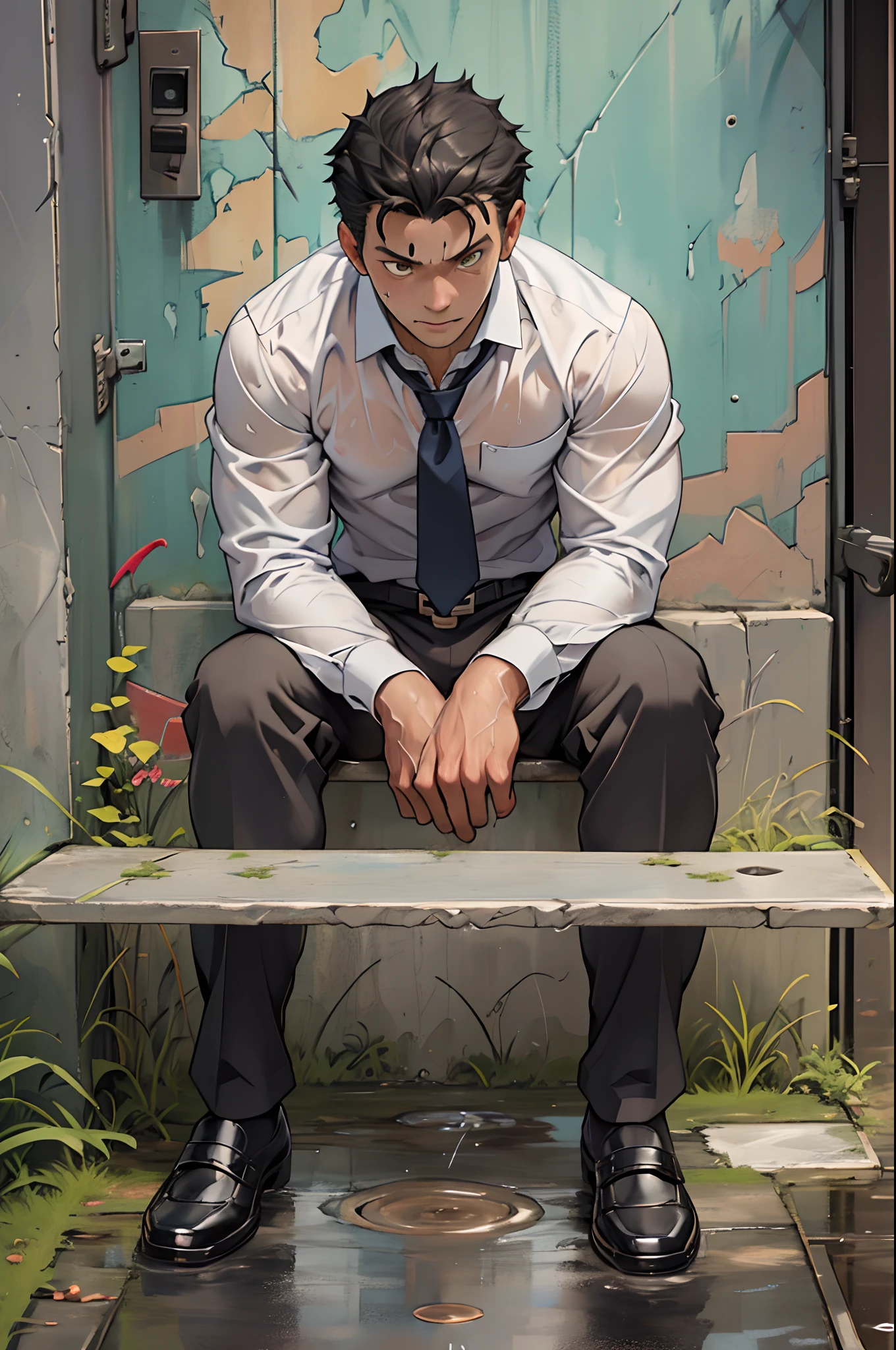 A3R1, Hector Fey ,Multi-view upper body, Suit pants view,legs separated,A3R1,pissing,Pee yourself,His own urine ran down his thighs,perfect male figure, Aerith Gainsborough ,The suit pants are wet,Urine runs down the leg of the trouser,Yellow eyes,sit astride,legs separated,Can't hold back urine,wants to pee,Wear a tie,wearing leather belt,Long Sleeve White Shirt,(The shirt is soaked),Black hair short hair,perspire,Black suit trousers,dress shoes,Nervously bow your head,is shy,embarressed,exhilarated,is shocked,panicking,worry,exteriors,On dry ground, A small puddle of his own urine formed around his feet,legs are open,Very eager to pee,Unbearable,Can't help but pee,Urine flows from the crotch to the legs,Incontinence,It's uncomfortable,Very anxious,Sweat runs from the crotch,Wet yourself,urinating,high detal,hentail realism,ultra-realistic realism,three sided view, A masterpiece of careful planning,A high resolution, hyper HD ,anatomy correct,super detailing,best qualtiy,A high resolution,8K