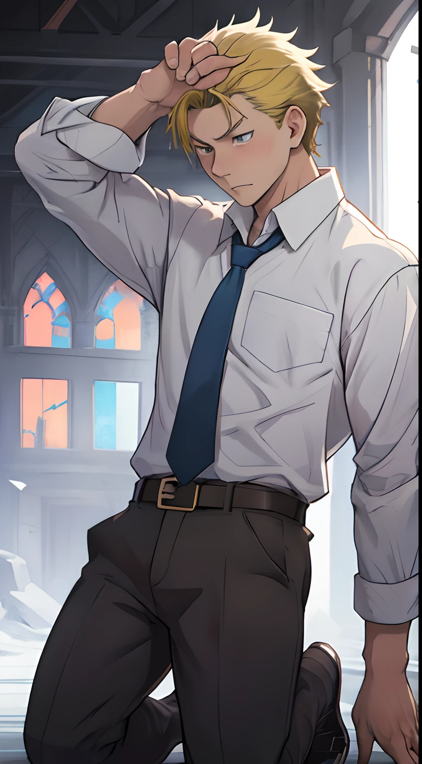 （1 Adult male），A high resolution， Sharp focus， Pixiv masterpiece， （（Complicated details））， highly  detailed， natsuki_subaru， 1 man，Defeat， crestfallen，full bodyesbian，kneels on the ground， （A gesture of pleading），blue color eyes（eyes glowing）， Short yellow hair，white  shirt，Wear a tie，Wear a belt，perspire，look from down