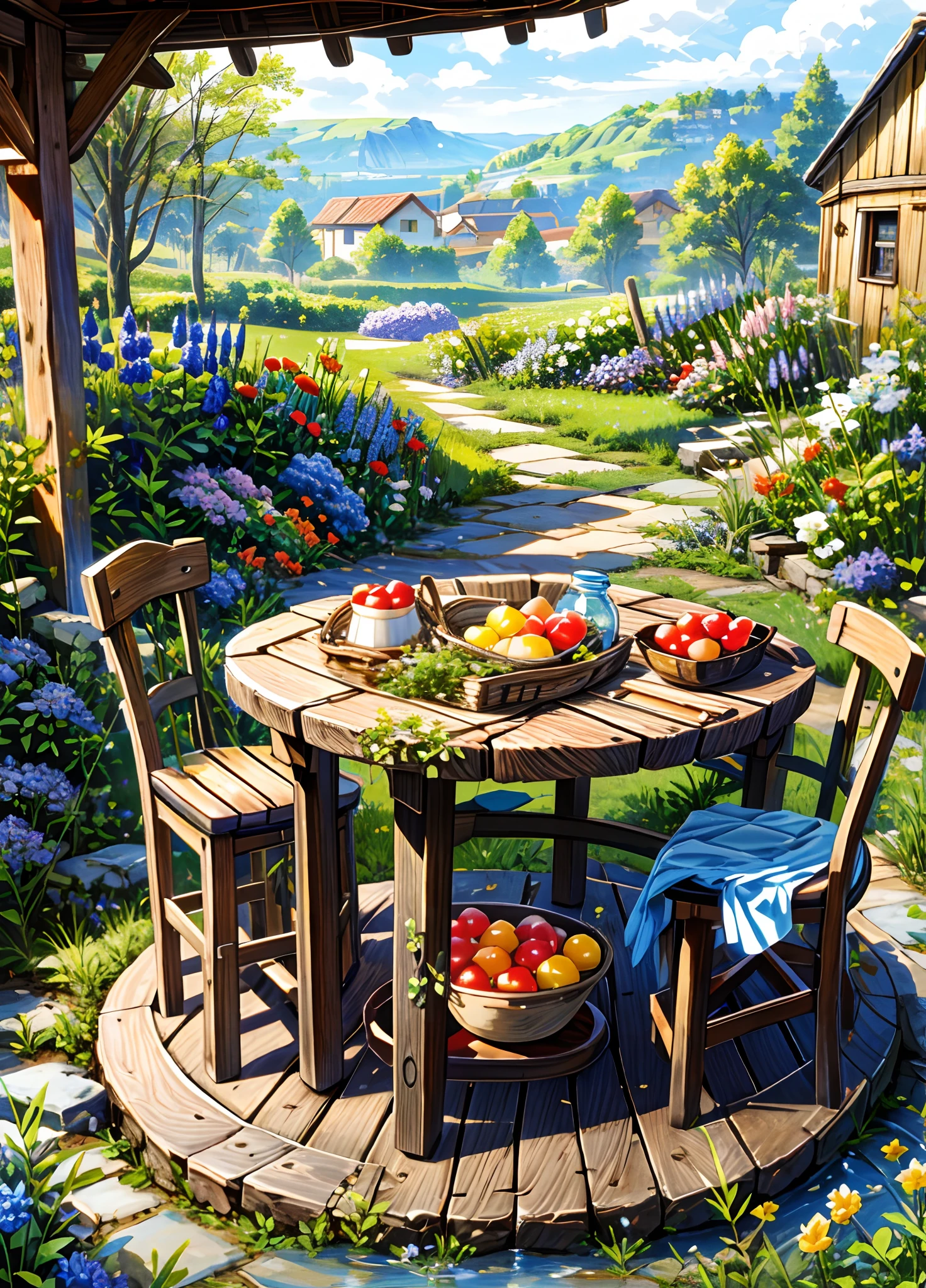 masterpiece, best quality, flowers, potion,many jar, fruits on table, countryside village rainy day, vegetables garden,Masterpiece:1.2, high quality), (pixiv:1.2)