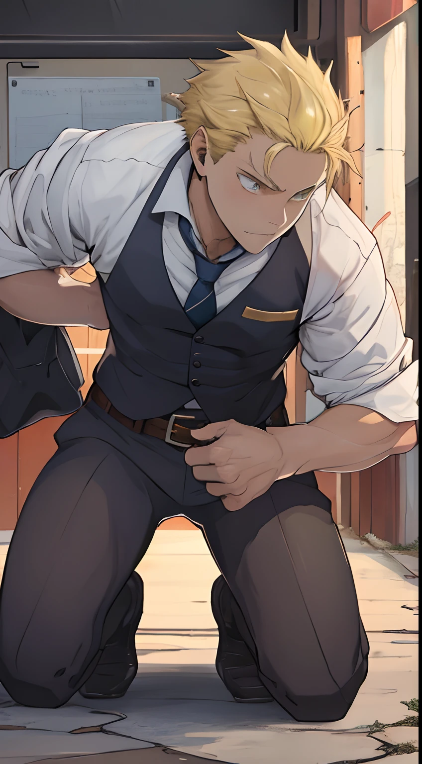 (1 Adult male),A high resolution, Sharp focus, Pixiv masterpiece, ((Complicated details)), highly detailed, natsuki_subaru, 1 man,Defeat, crestfallen,full bodyesbian,kneels on the ground, (A gesture of pleading),blue color eyes(eyes glowing), Short yellow hair,white shirt,Wear a tie,Wear a belt,perspire,look from down