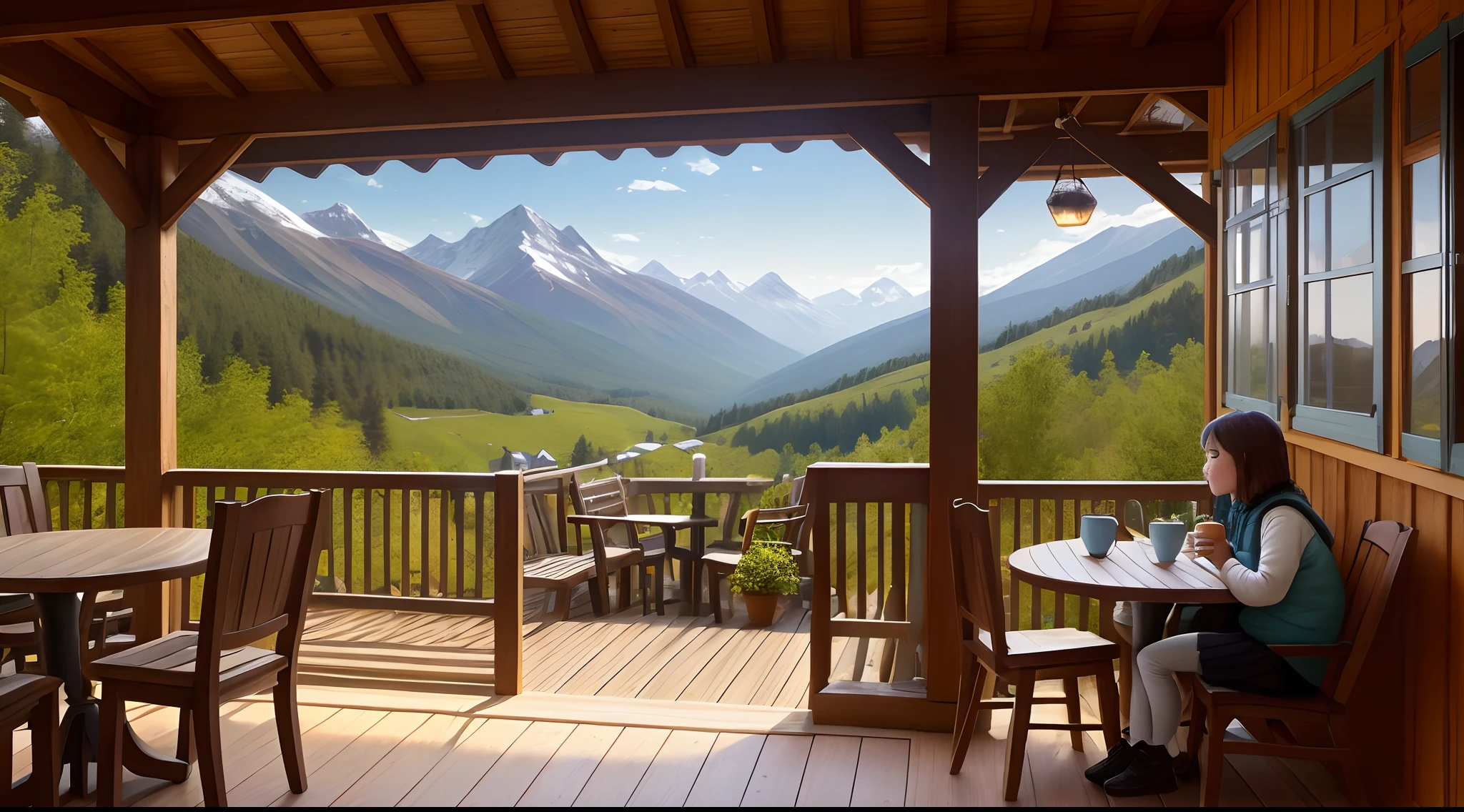 Mountainside,There is a cottage,Two girls drinking latte coffee outside the house