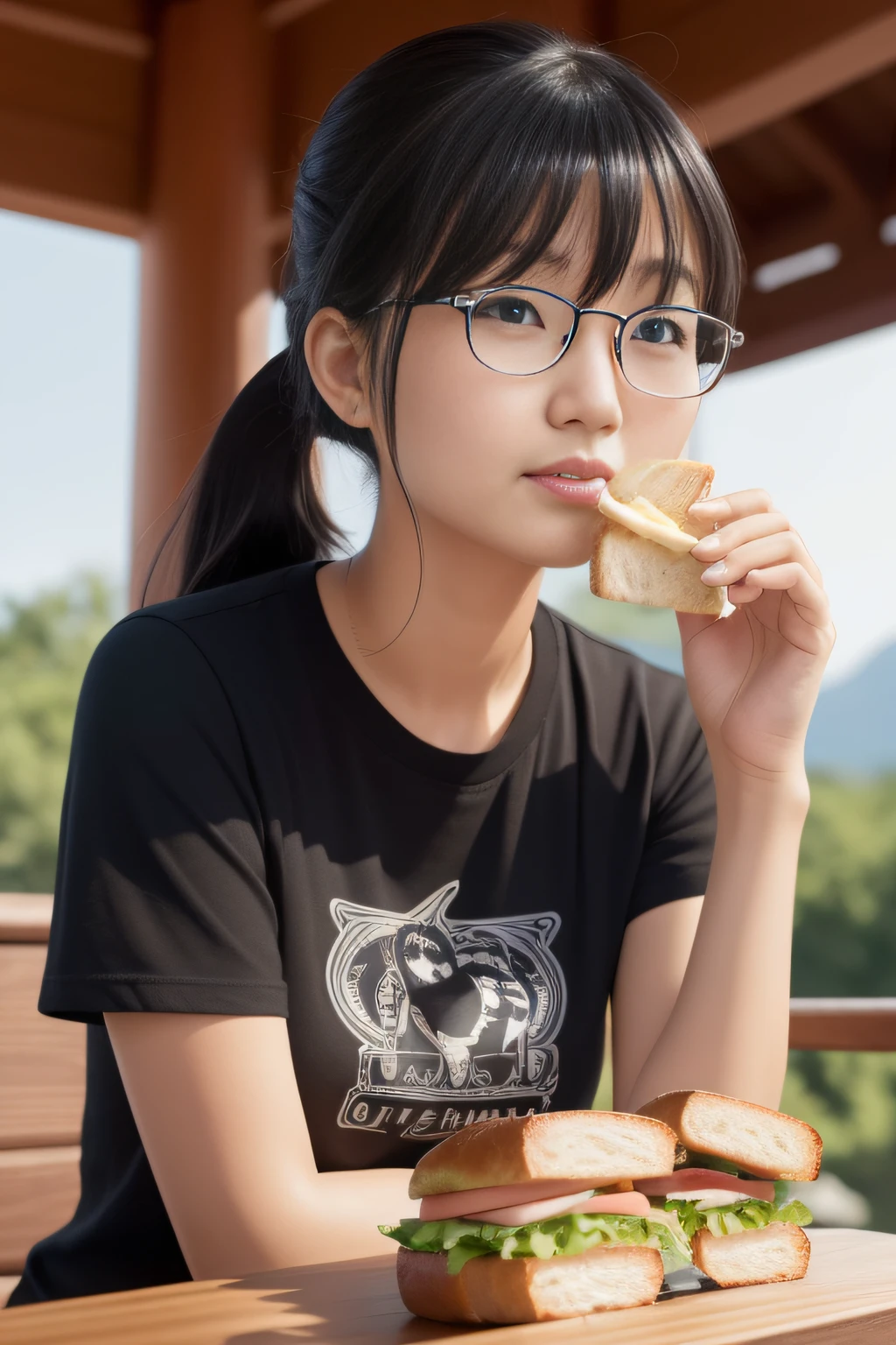 Japanese woman eating sandwich, stylish glasses, t-shirt, g-pants, mountain view, black hair, bangs, ponytail, hollow eyes, mole under eye, parted lips, depth of field, f/2.8, cowboy shot, backlighting, from below, UHD, masterpiece, ccurate, textured skin, super detail, high details, high quality, best quality, highres, 8k