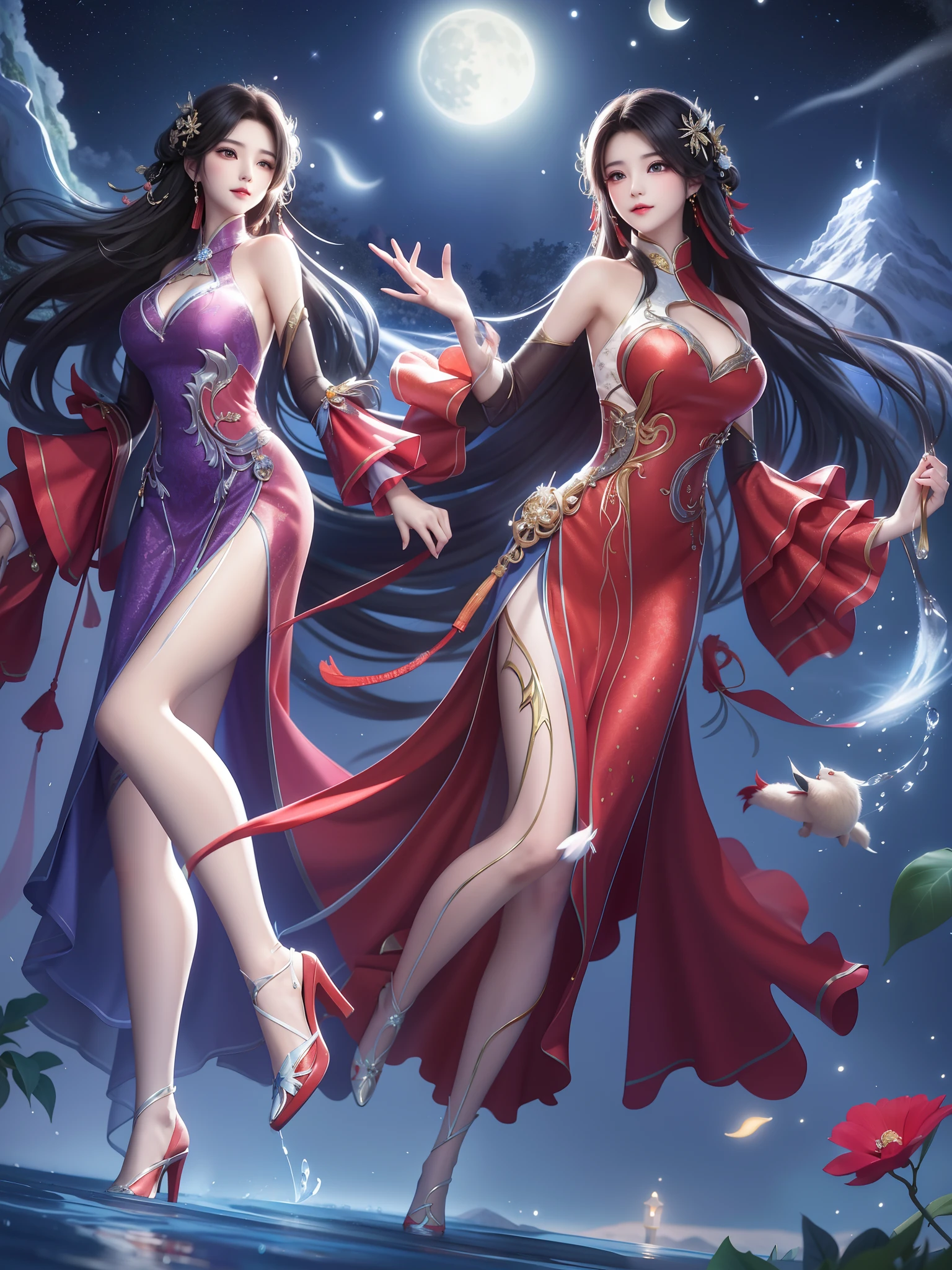 The moonlight sprinkled like water on the slender figure of the emperor sister，She stands gracefully surrounded by mountains and rivers，It's like a beautiful picture。She in the night，Hair falls on your shoulders like a waterfall，Exudes an attractive sheen。Her long hair swayed gently in the breeze，It gives a feeling that is both feminine and seductive。

The long legs of the imperial sister appear more slender in the night，She wears a pair of sexy high heels，Every step exudes irresistible charm。Those high heels seemed to come alive under her feet。。。。。。。。。。。。。。。。，With her footsteps jumping beautiful melodies。The knocking sound of high heels is intertwined with the gurgling water，It's like a beautiful symphony。

An environment surrounded by mountains and rivers，It adds a bit of mystery and elegance to the image of the royal sister。The landscape in the moonlight appears more hazy and dreamy，It's like being in a fairyland。Her eyes were firm and confident，Exudes an invincible aura。The expression on her face was both cold and charming，People can't resist her charm。

Under this starry sky，The royal sister is in harmony with the scenery，Sketch a beautiful picture。Her beauty and charm stand out on this quiet night，Become the most dazzling being in that bright starry sky。Long legs，high-heels，Jade foot，