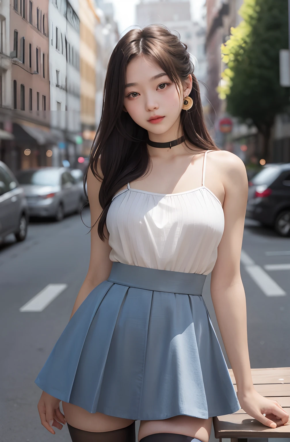 1girl, cute, , seductive expression, look at viewer, spaghetti strap top ,high waist circle skirt bodycon, photo, realistic, best quality, hires, detailed face, detailed background, diffused lighting, depth of field, bokeh, thighhighs