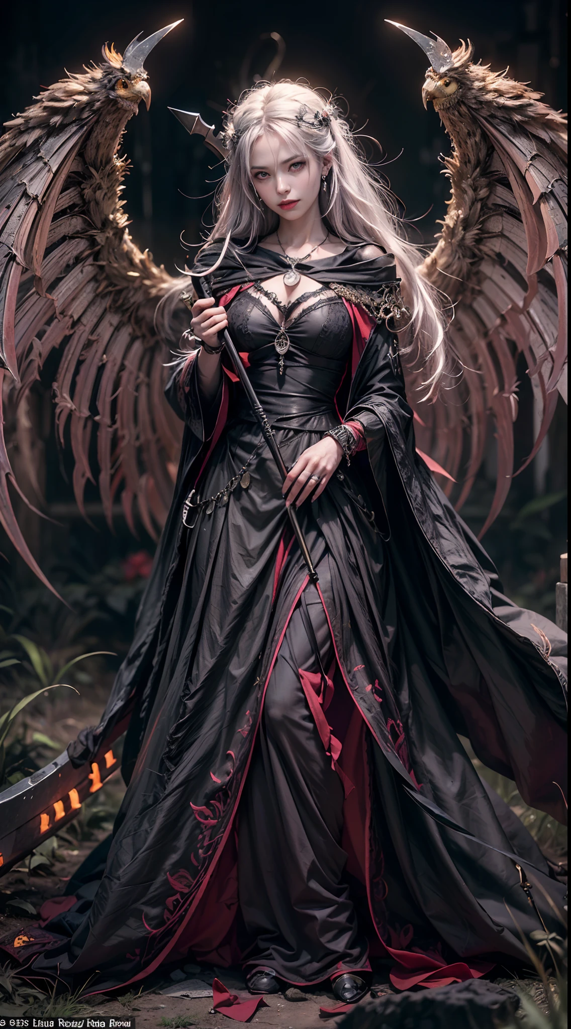 (Numerous award-winning masterpieces of, With incredible details, textures and maximum detail), (Ultra photo realsisim:1.4), (Realistic:1.3), (best quality real texture skin), (finely detailed true circle eyes), (Fine and meticulous beautiful face:1.6), ((medieval world)), (shinigami:1.4), (icy look in the eye), (She had a nasty smile on her face,But the eyes did not smile:1.3), (full-body portraits:1.5), (It held a soul harvesting scythe in his hand:1.5), (Eyes that glow red in the dark), (Dramaticlight), (full-body standing image:1.5), (A majestic sight), Her countenance is gentle and beautiful, but somehow terrifying, (large wings,There are rough black feathers behind the shoulders:1.3), (Wearing a dark black hooded robe with intricate patterns:1.2), (A sack containing the soul of the harvest,Exudes a faint glow:1.3), Folded wings, Skull pattern earrings, (The second is the Skeleton Reaper: 1.3), (((Dramatic photo))), (Twilight), (Sunset), (Dusk), ((dramatic pose)), (flamboyant photo), (Golden hair), (Silver hair), (maroon hair), ((head looking up)), ((Looking down)), (gives full-body standing image:1.5), (Around her neck is a simple necklace of exquisite workmanship), The forgotten graves are overgrown with vegetation, The Great Necropolis, Underground labyrinth, Evil Temple Ruins, Sacrificial temples, mistic, (Magic array of ominous light:1.2), Ancient Castle Site, Ruins of a deserted cemetery, Collapsed tombs, Backwater Ancient Site, Swamp ruins, wavelets, running water, Shining majestic cloud masses and sky, salama,
