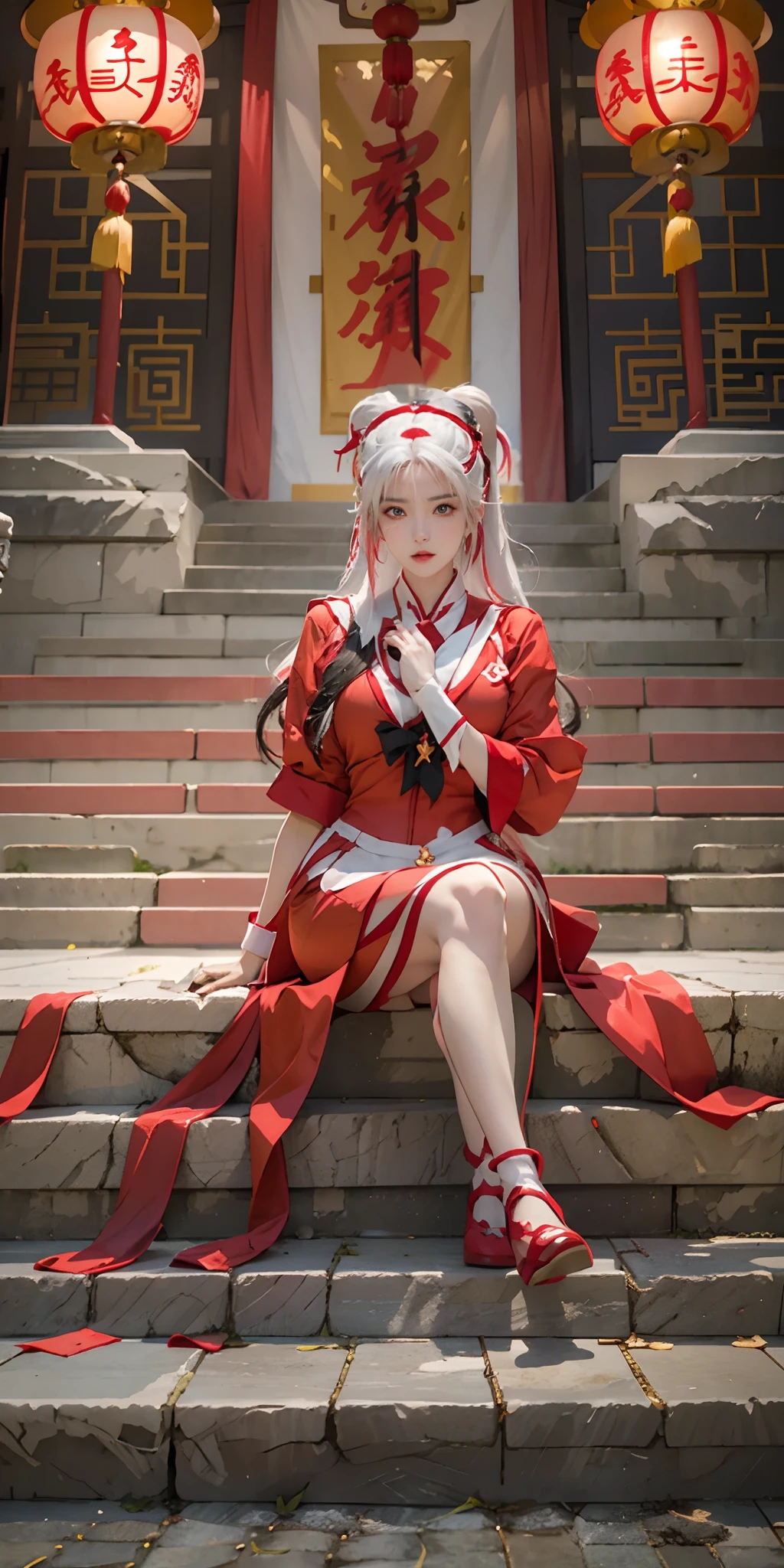 Beautiful woman in red sailor costume, exorcism charm, sitting in Chinese temple, dragon winding around, anime girl cosplay, cosplay pictures, anime cosplay, sailor moon style, realistic style, cinema machine shooting, 8K RAW, movie light effects, seductive anime girl, beautiful and seductive anime woman, anime goddess