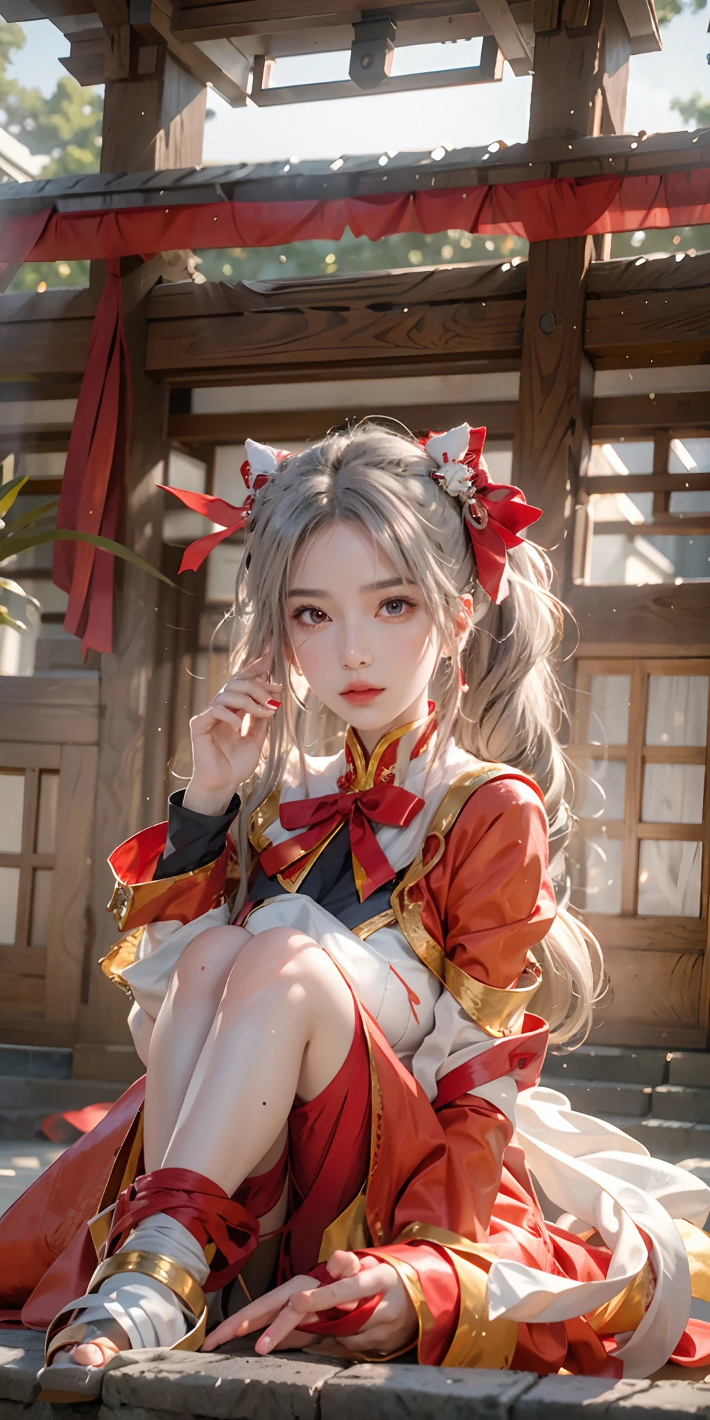 Beautiful woman in red sailor costume, exorcism charm, sitting in Chinese temple, dragon winding around, anime girl cosplay, cosplay pictures, anime cosplay, sailor moon style, realistic style, cinema machine shooting, 8K RAW, movie light effects, seductive anime girl, beautiful and seductive anime woman, anime goddess