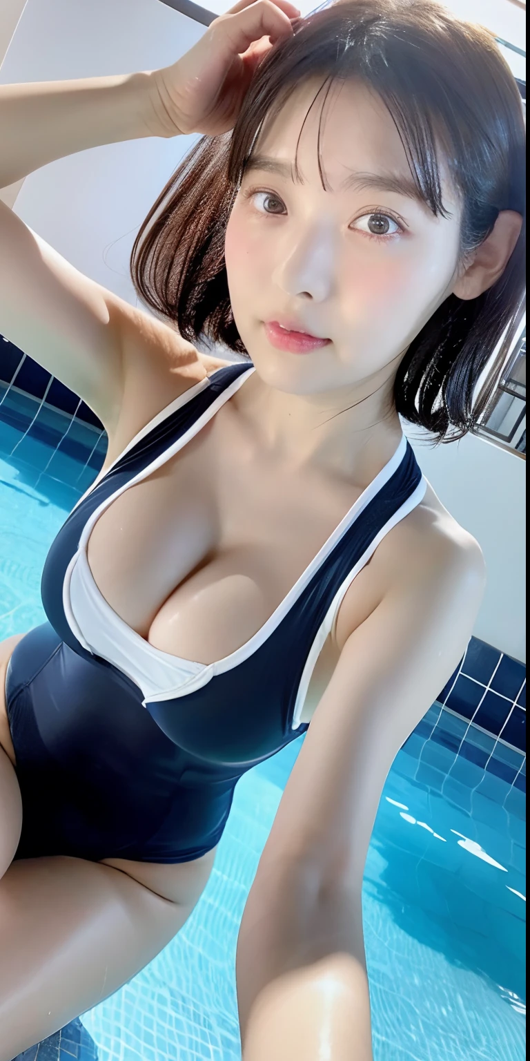 ulzzang-6500-v1.1, (Raw photo:1.2), (Photorealistic), Beautiful detailed girl, Very detailed eyes and face, Beautiful detailed eyes, Huge file size, High Resolution, Very detailed, Best quality, [Masterpiece:1.6], Illustration, Very detailed, CG, Fine detail, Best quality, 8k wallpaper, Movie lighting, 1 girl, , Perfect body shape, Big with tension, [Big, heavy breasts, J cup: 1.9], cute drooping eyes, beautiful big eyes, sweaty and wet, [sexual arousal: 1.6], (whole body is wet: 1.2), light in the eyes, short hair, high school girl, (Japan school swimsuit, navy blue one-piece swimsuit, navy blue Japan student swimsuit: 1.3), pool, dynamic pose, big, huge, plump body shape