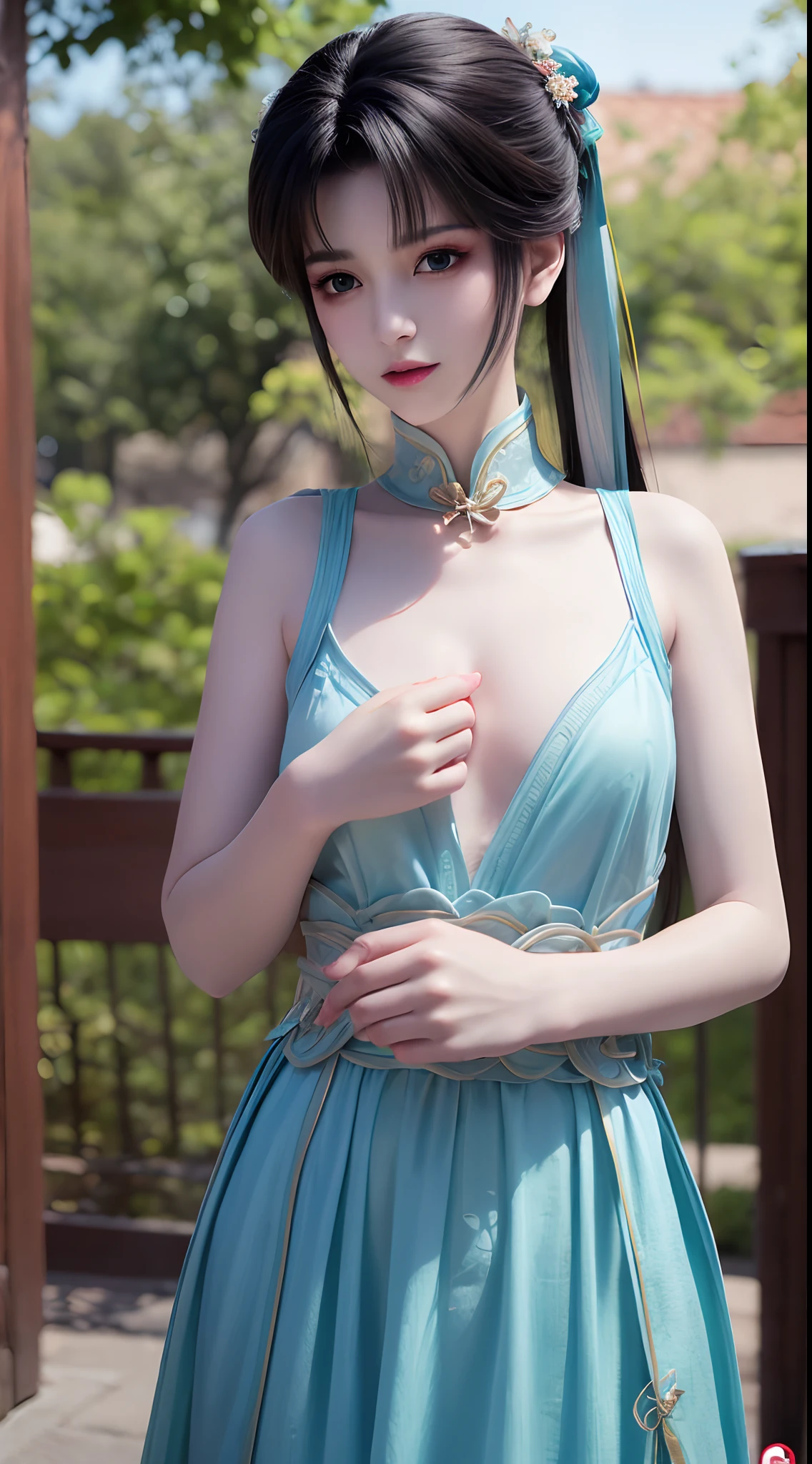 1 beautiful and cute realistic girl, tender young girl, waist length hair, long black hair with a hint of blue, light blue eyes, wearing a long, thin, blue dress with a hanfu style, ((blue dress with white lace border covering the girl's cleavage:0.8)), style hanfu, wearing a thin silk shirt of ancient China, pink and smooth white skin, wearing a discreet ancient style ao dai, appears shoulders and head in the photo,cute little face, eye bags under wet makeup, plump red lips, pout, ((closed mouth:1.0)), balanced incisors, embarrassed, small face makeup detailed and very beautifull, The breasts are super round and tight, breast augmentation, blum boobs, ((cover the girl's chest with a camisole inside:1.2)), blush, from front, wear earrings, necklaces, from above, looking at viewer, upturned eyes, full body, masterpiece, top quality, best quality, official art, unity 8k wallpaper, highres, ultra-high res, ultra-detailed, (photorealistic:1.2), alone, solo, Only 1 girl, style hanfu Dunhuang, 10x pixels, super realistic, ultra high quality, full body view of the girl, upper body,