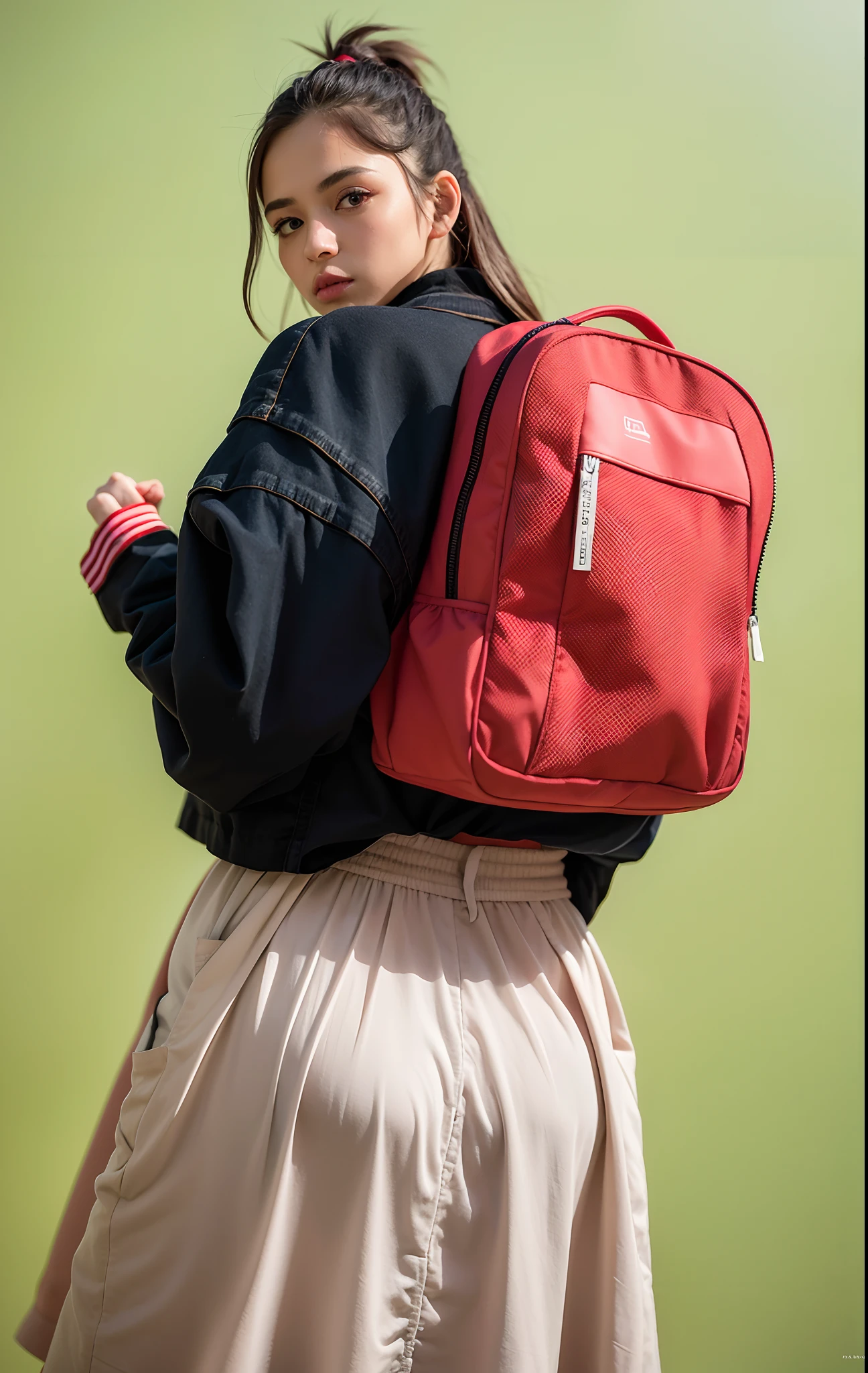 uma mulher linda sentada em uma caixa com uma mochila vermelha em cima dela, usando mochila de morango, com uma mochila, mochila, uma mochila, foto de retrato, Retrato no meio da foto, Fotografia de paisagem, Mrbeast, Coral Vermelho, Close portrait, tiro ambiental, advertising photo, roupas esportivas vermelhas, she is wearing streetwear, h 7 0 4, foto do produto, red neon details