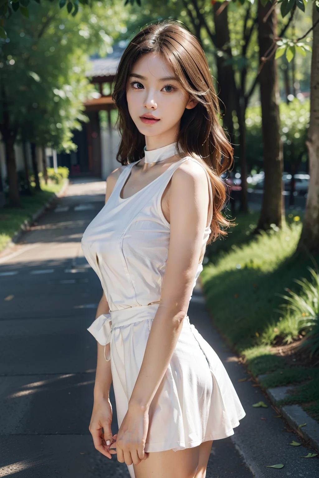 realisticlying，perfect masterpiece，8K，Seasonal charts，image perfect，Perfect filling，Perfect Lighting，Perfect light，Perfect halo，Perfect Shadow，Very perfect delicate face，very detail hair。
A girl about 20 years old，with a vibrant，White Hip Wrap Skirt（tight fitted），Blonde hair，mesmerizing eyes，tall and delicate nose，lips are cherry red，Perfect symmetry face，busty figure，Narrow waist，wide hips，the body is perfectly proportioned，Ideal for anatomy，Detailed skin texture of the face，Fine facial details。The character looks positive。Bracelet，choker necklace。
standing on your feet，Pose，nature
Full body shooting，depth of fields，Dramatic shots，dyna