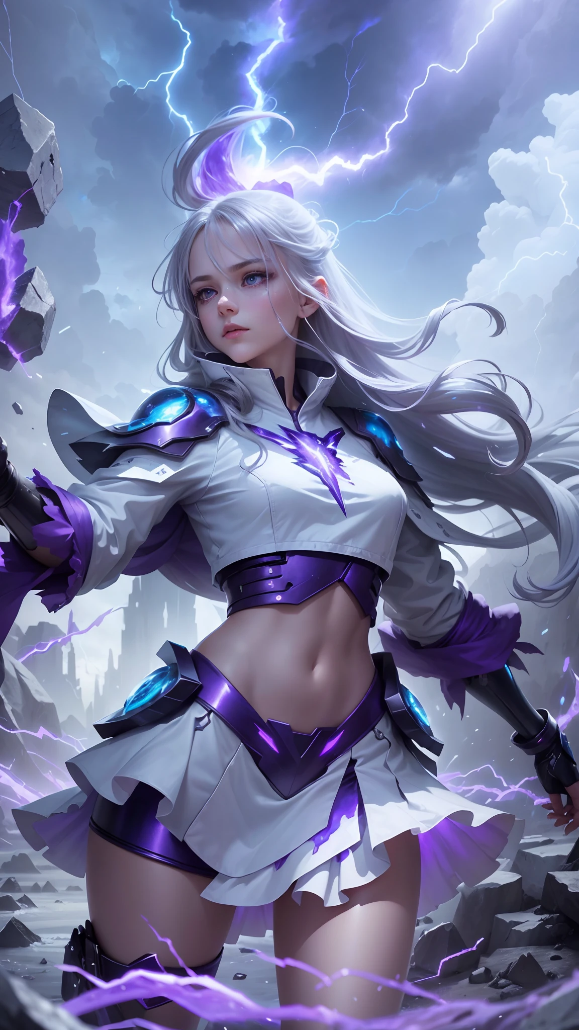 A girl, shiny silver hair, extra-long hair, delicate face, delicate eyes, icy environment, blue-purple environment, surrounded by many blue-purple lightning bolts, explosive lightning elements floating in front of the body, dreamy, mysterious, 8k, full body