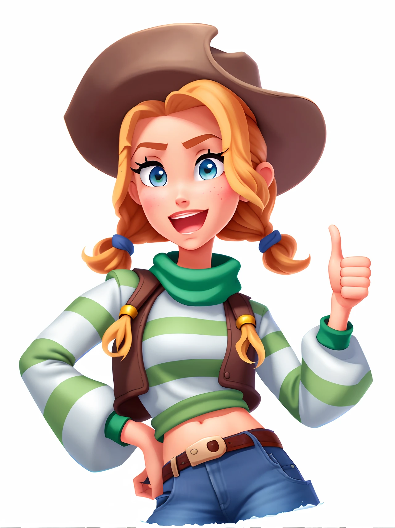 Cartoon girl in denim costume without hat gives thumbs up, Abigail from Stardew Valley, revcowgirl, revcowgirl, Cow Girl, western cowgirl, female sheriff, official character art, close up character, Game character, Character artwork, highly detailed character, official character illustration, Female character, character is in her natural pose, Female explorer mini cute girl