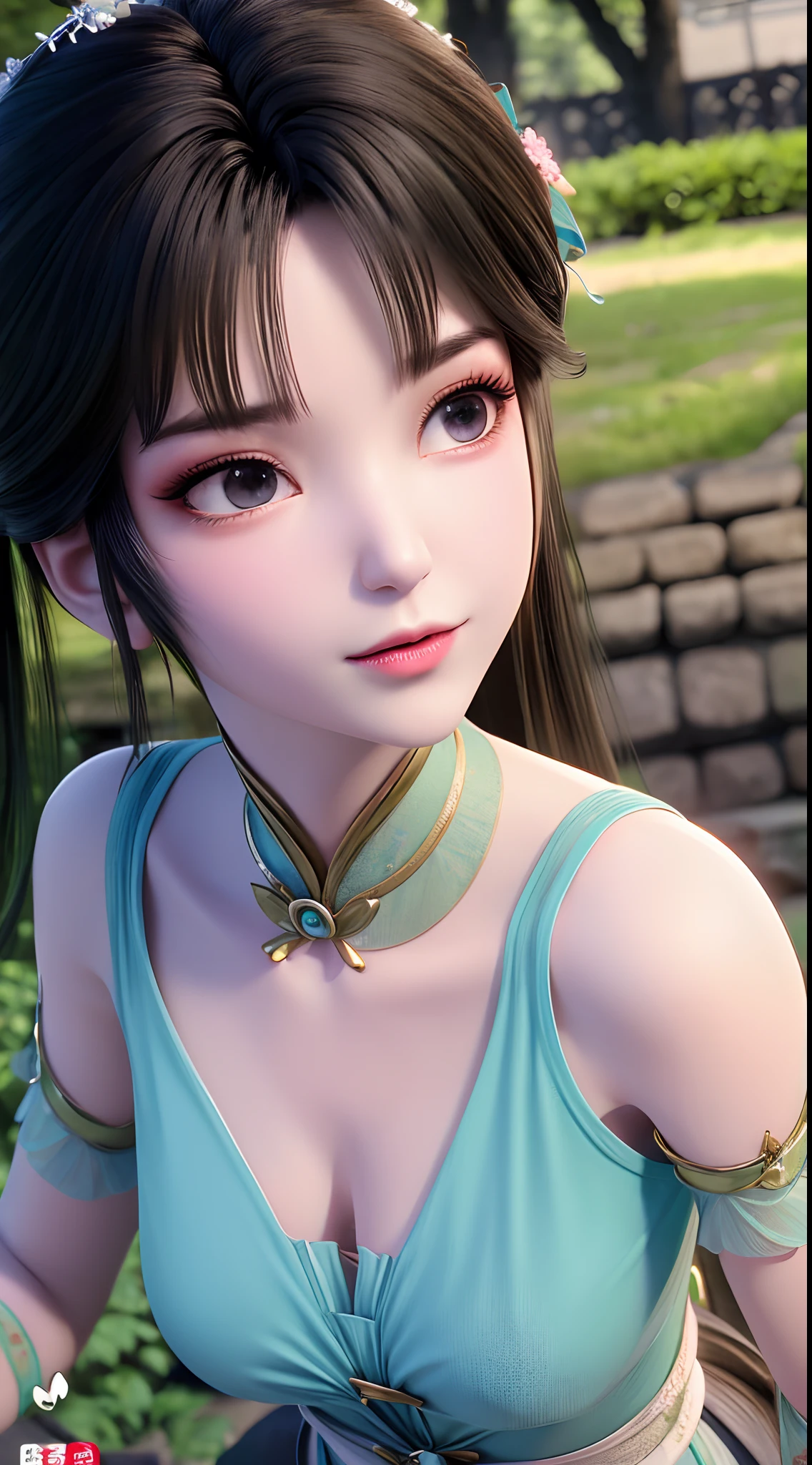 1 beautiful and cute realistic girl, tender young girl, waist length hair, long black hair with a hint of blue, light blue eyes, wearing a long, thin, blue dress with a hanfu style, ((blue dress with white lace border covering the girl's cleavage:0.8)), style hanfu, wearing a thin silk shirt of ancient China, pink and smooth white skin, wearing a discreet ancient style ao dai, appears shoulders and head in the photo,cute little face, eye bags under wet makeup, plump red lips, pout, ((closed mouth:1.0)), balanced incisors, embarrassed, small face makeup detailed and very beautifull, The breasts are super round and tight, breast augmentation, blum boobs, ((cover the girl's chest with a camisole inside:1.2)), blush, from front, wear earrings, necklaces, from above, looking at viewer, upturned eyes, full body, masterpiece, top quality, best quality, official art, unity 8k wallpaper, highres, ultra-high res, ultra-detailed, (photorealistic:1.2), alone, solo, Only 1 girl, style hanfu Dunhuang, 10x pixels, super realistic, ultra high quality, full body view of the girl, upper body,