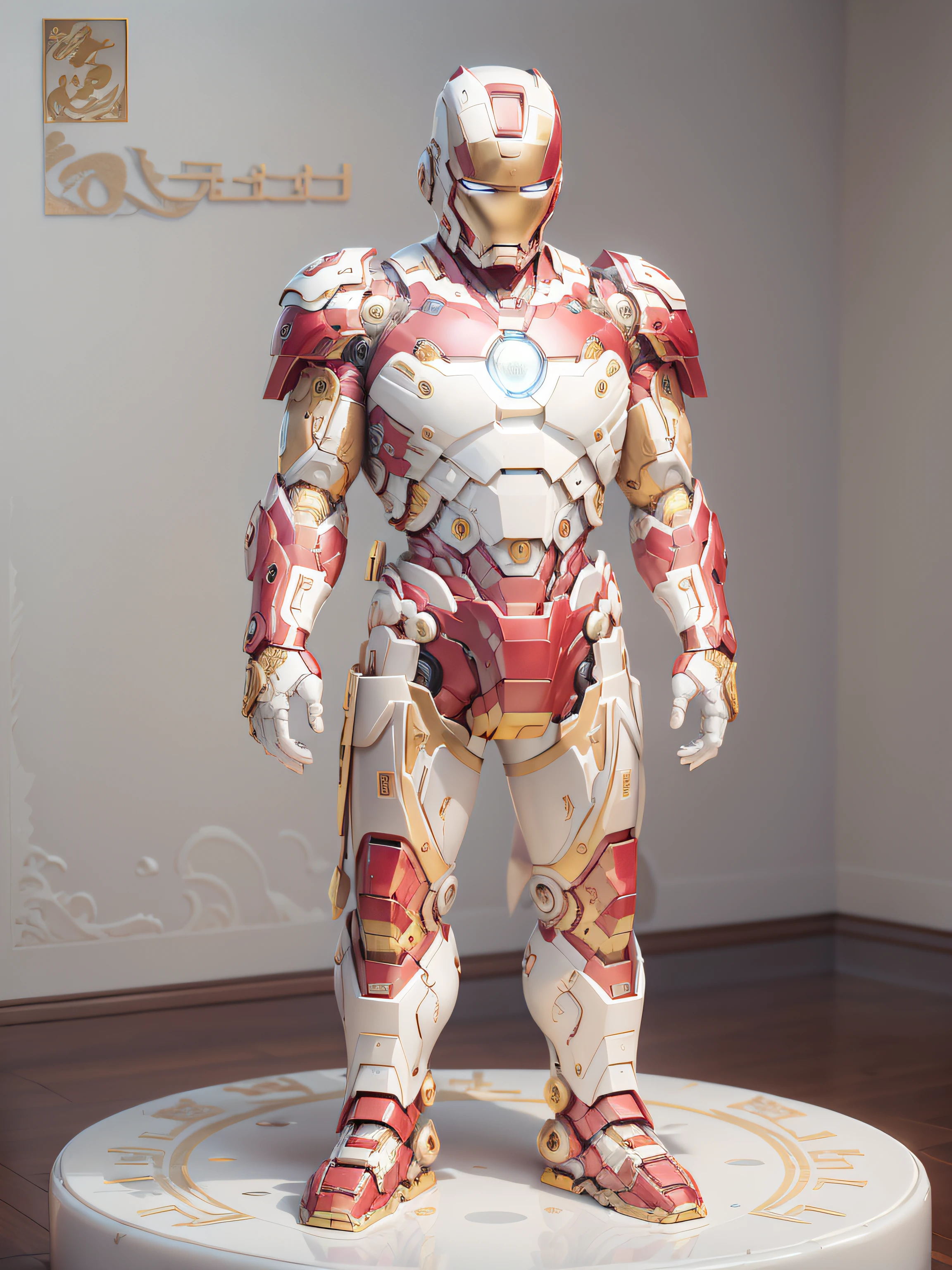 An iron man. Solo,White ceramic material, Borrowing the plastic art and pattern art language of Tang Dynasty court vases and Tang Dynasty cultural relics treasures, Applied to modern design concepts. Participate in parametric texture design,Gold-plated pattern design,Create a set of Tang Yun-themed Iron Man in line with modern aesthetics. Masterpiece, (Realism: 1.4), Best quality, Chinese style, Embodies Chinese aesthetics. ((product showcase)), Front view,Best quality at best,64k,Natural light and shadow,