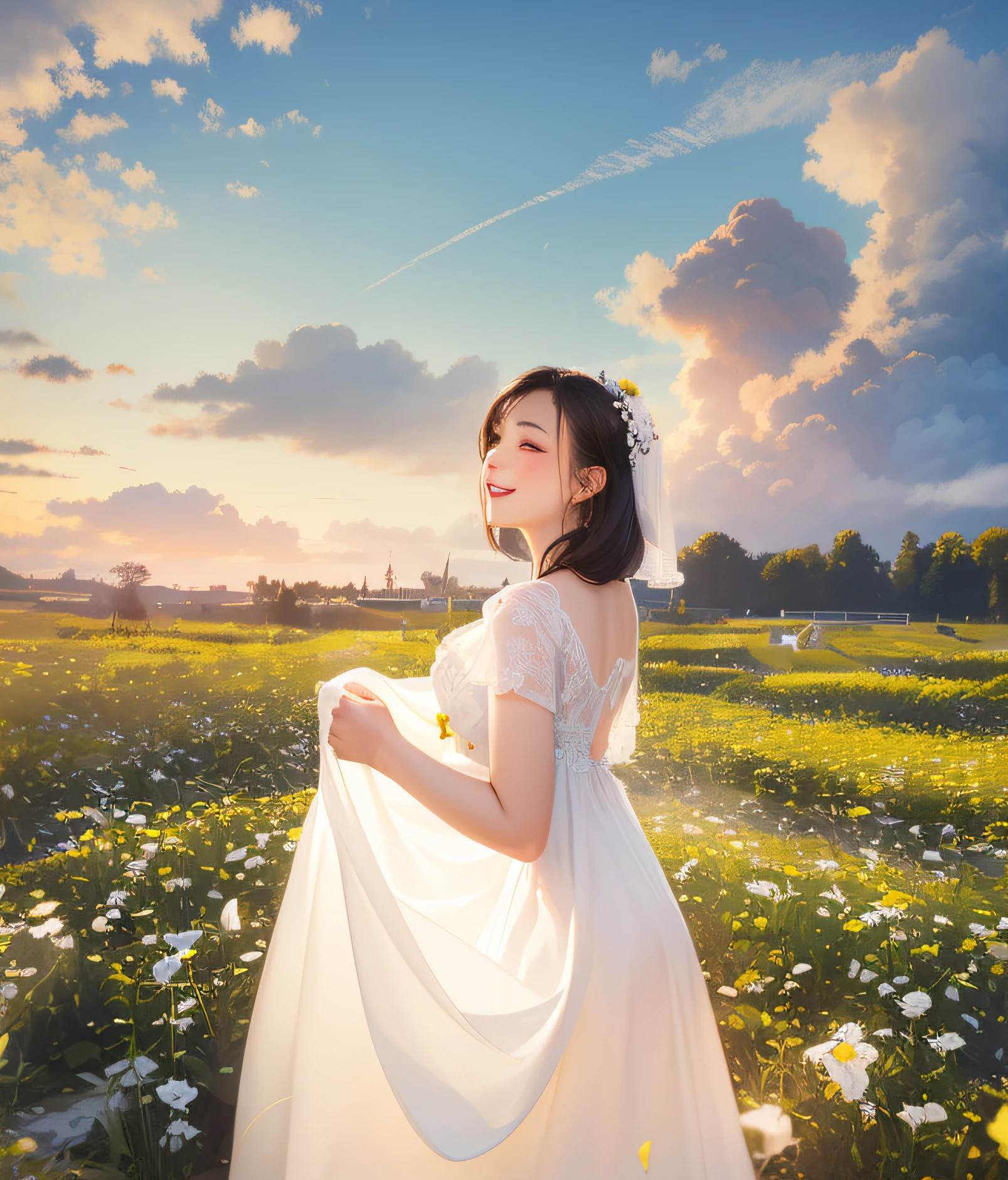Woman in white wedding dress standing in a flower field, photoshoot, pose 1 of 1 6, She had flowers by her side, in white clouds fairyland, Sunnyday, background is heavenly, standing in flower field, in style of lam manh, There are flowers on the ears, Ears wear flowers,