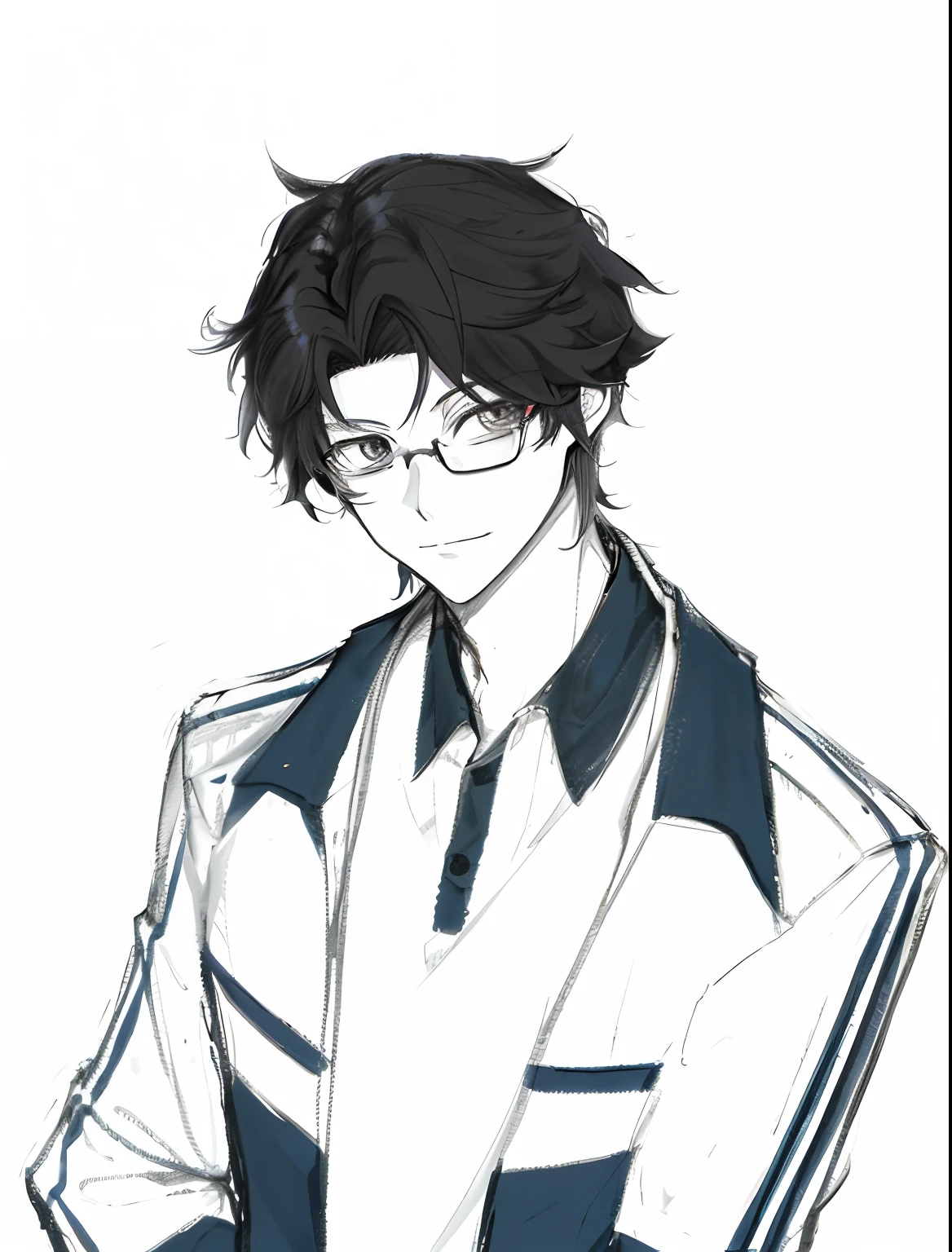 a drawing，A man in a Chinese school uniform, inspirado em Okumura Masanobu, inspired by Okumura Togyu, miura kentaro style, Tall anime guy with gray eyes，Black mid-hair，Wear single-sided glasses on the right eye，tmasterpiece，Best quality at best，pupils，校服，Boy student