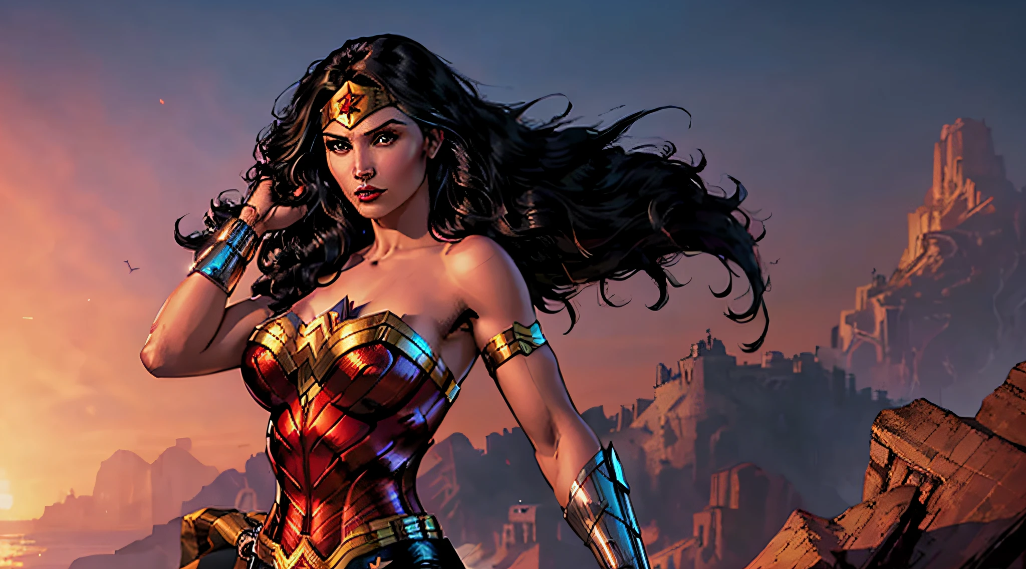 wonder woman, (pretty face:1.2), (finely detailed face and beautiful eyes),  mature female, muscle, bare hands, (armlet, armored dress, bracer, head ring ), (black eyes, black long hair, messy hair, floating hair), (long proportional legs), jim lee,  (best quality:1.1),(clear background:1.2), dark_fantasy, wind,  35mm lens, f/1.4, 8K, ((masterpiece)),  trending on Artstation, DeviantArt, Mucha, Rutkowski, artgerm