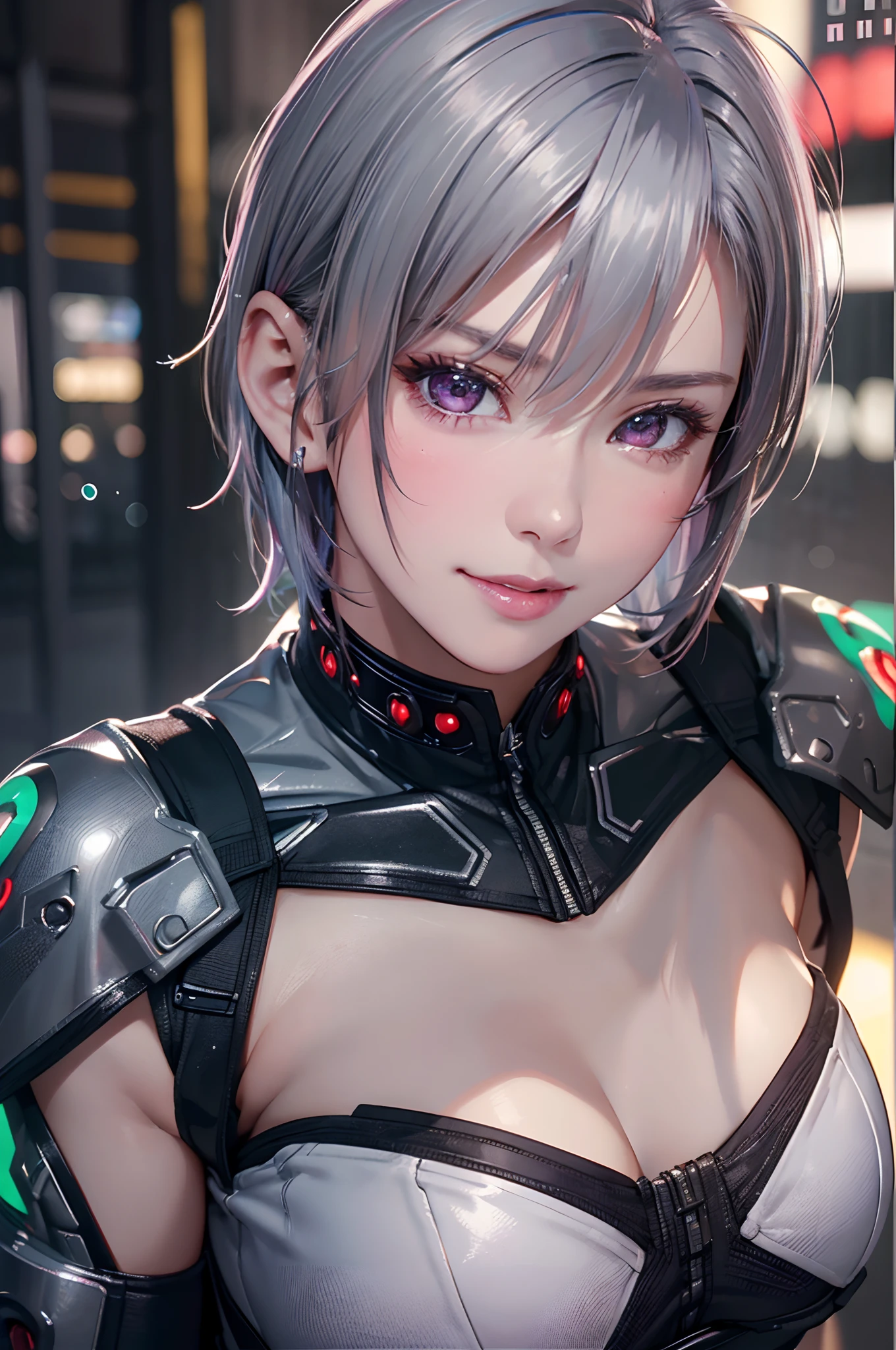 (8k, photorealistic, RAW photo, top quality: 1.4), (1girl), super beautiful, (realistic face), (boyish, silver-colored berry short hair), beautiful cyberpunk suit, glares seducing viewer, beautiful expression, beautiful breasts, (realistic skin), beautiful smile, (soldier), attractive, ultra high resolution, ultra realistic, high definition, spoiled