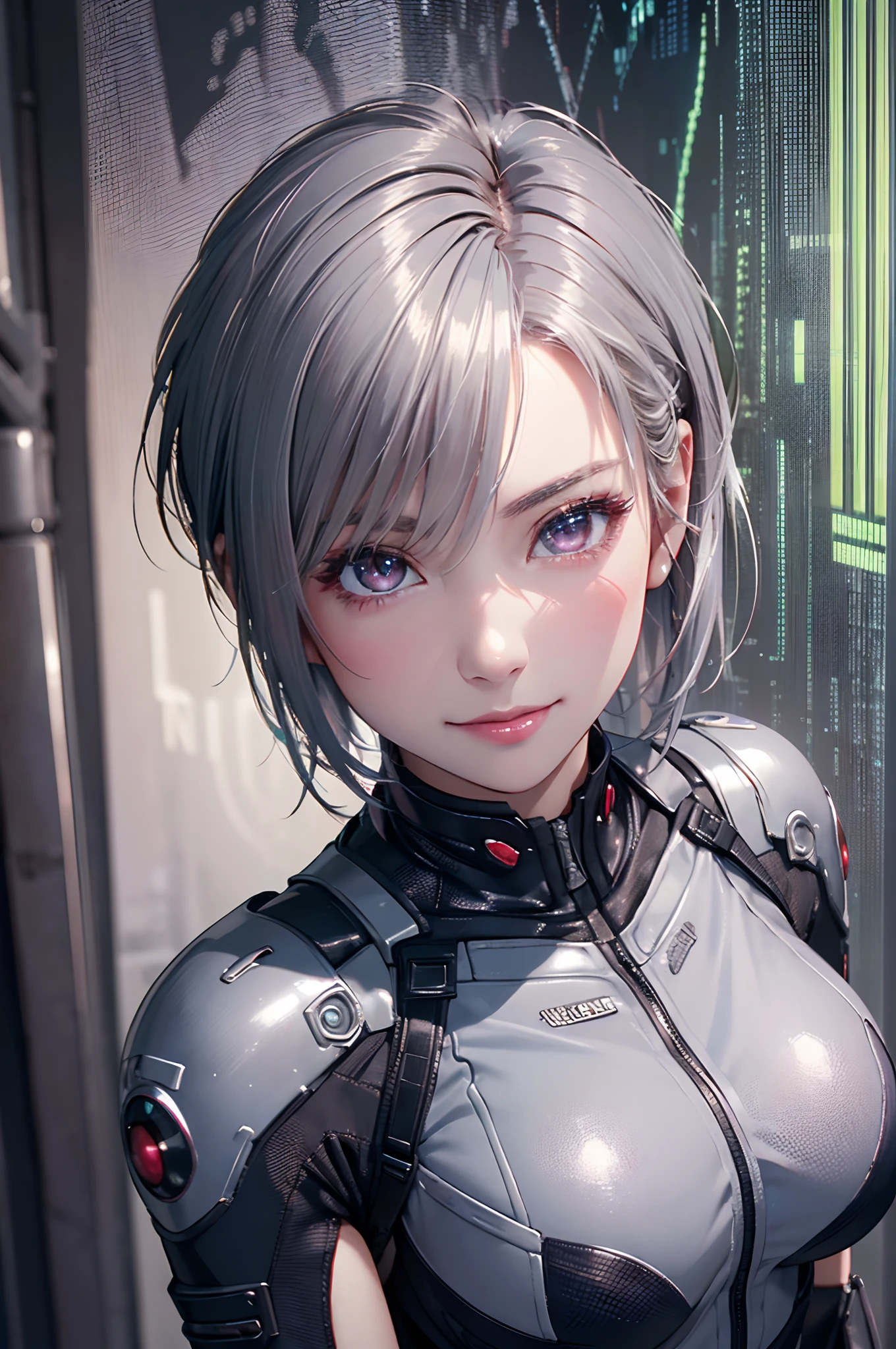 (8k, photorealistic, RAW photo, top quality: 1.4), (1girl), super beautiful, (realistic face), (boyish, silver-colored berry short hair), beautiful cyberpunk suit, glares seducing viewer, beautiful expression, beautiful breasts, (realistic skin), beautiful smile, (soldier), attractive, ultra high resolution, ultra realistic, high definition, spoiled