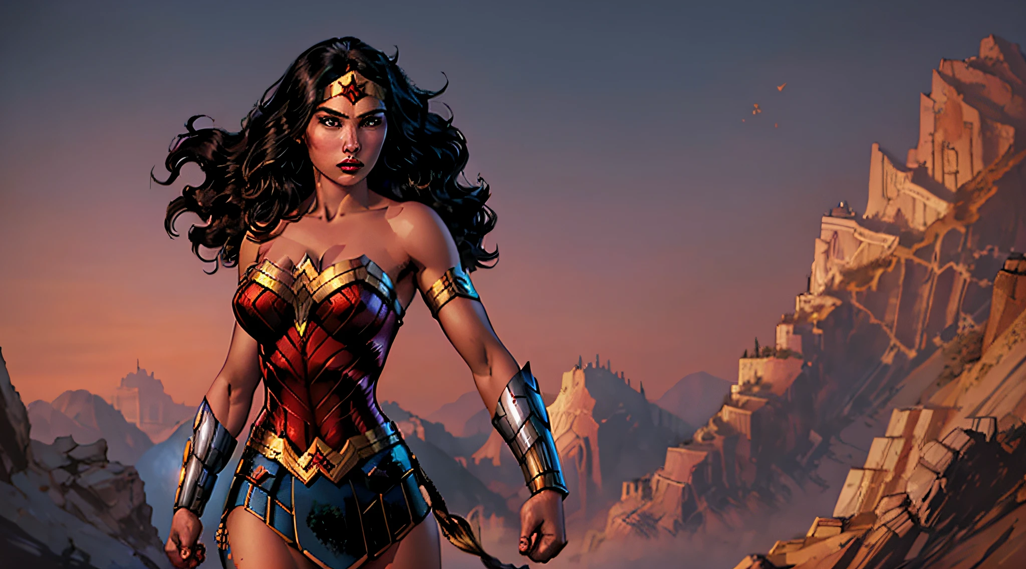 wonder woman, (pretty face:1.2), (finely detailed face and beautiful eyes), mature female, muscle, bare hands, (armlet, armored dress, bracer, head ring ), (black eyes, black long hair, messy hair, floating hair), (long proportional legs), jim lee, (best quality:1.1),(clear background:1.2), dark_fantasy, wind, 35mm lens, f/1.4, 8K, ((masterpiece)), trending on Artstation, DeviantArt, Mucha, Rutkowski, artgerm