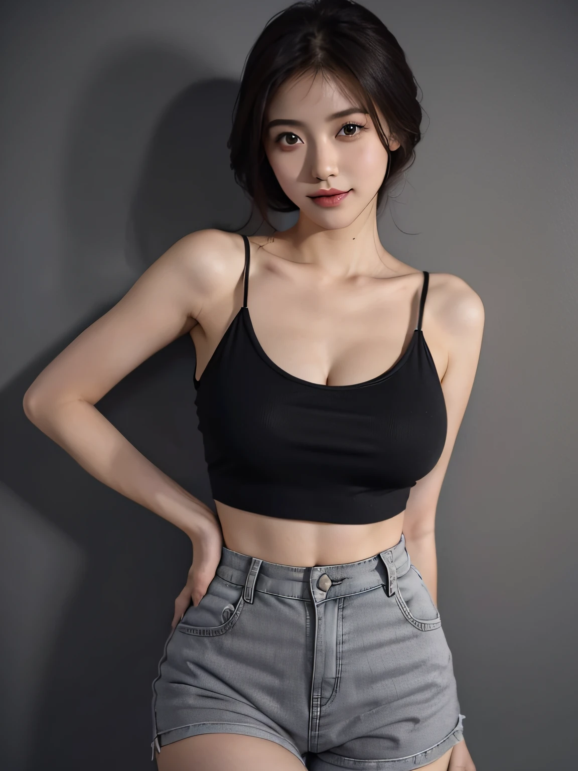 1girll, bshoulders, ssmile, adolable, waist-up, deep shading, Low profile
Best quality,tmasterpiece,(Photorealsitic:1.4),(Bigchest:1.6),Gray suspenders,cleavage,Yoga shorts