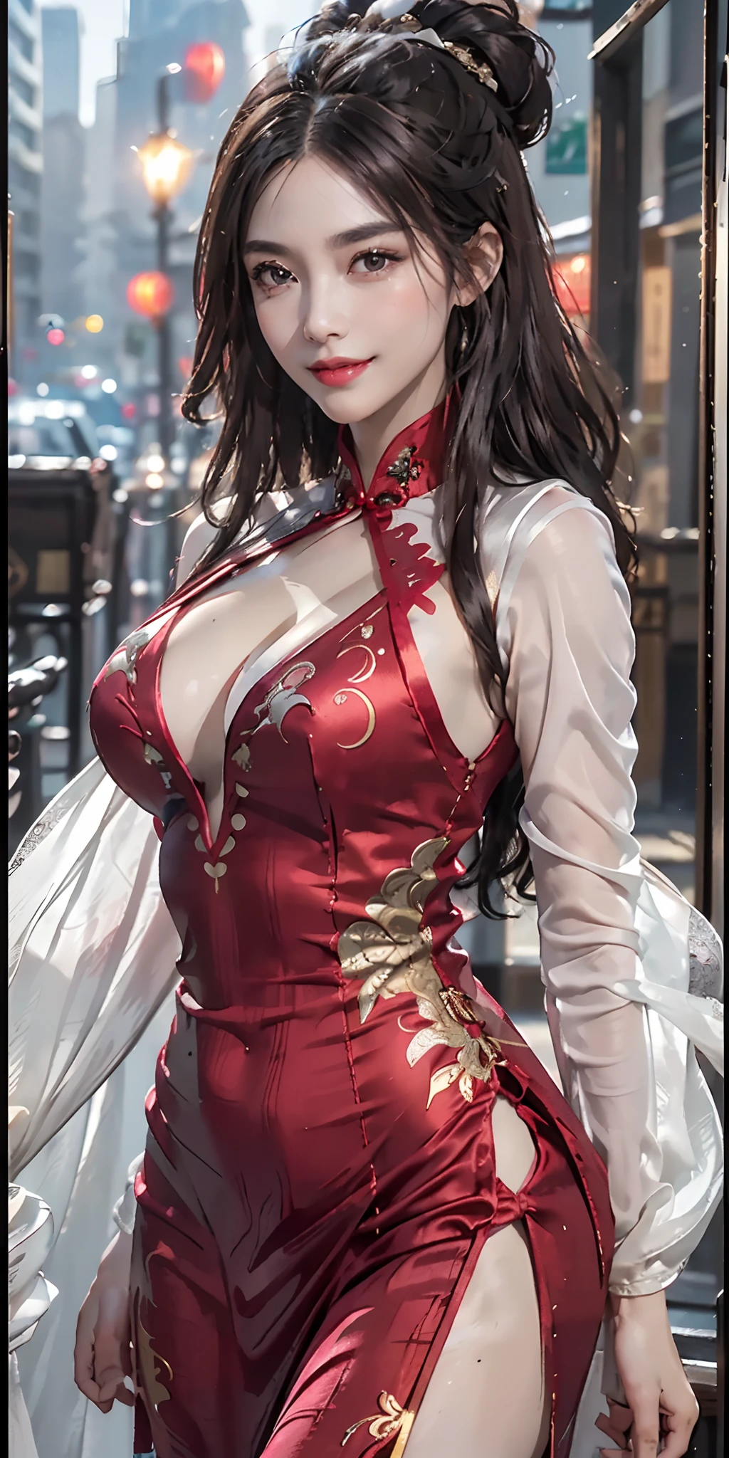 ((Best Quality, 8K, Masterpiece: 1.3)), cowboy shot, extremely Cute Beautiful Woman, 1 Girl, (Beautiful Breasts:1.3), (Abs, Slender Figure: 1.1), Sharp Focus, (((Intricate Details)), High Detail, Upper Body, One Girl, Black twin-buns Hair with bangs, chinese kanzashi, (luxury satin cleavage cut-out evening Chinese dress:1.5), lace, detailed evening dress, 8K, 8K Resolution, clean detailed face, Detailed Body, Detailed Clothes, Sharp Images, hyper-sharp image, Japan Anime Concept Art, trending on Artstation, ((looking the viewer, facing the viewer, staring the viewer:1.3)), seductive sexy pose, ((seductive smile, light smile:1.35)), pink lipstick, bokeh, field of depth, 8.5 life size, 8k resolution, (shot on EOS 5D Mark IV, 35mm lens, f1.8), (ancient Chinese Street Background, no-human simple background, detailed background), ((frame the head:1.3), detailed human hands, perfect human hands, perfect anatomy, perfect proportion, ultra-sharp focus,