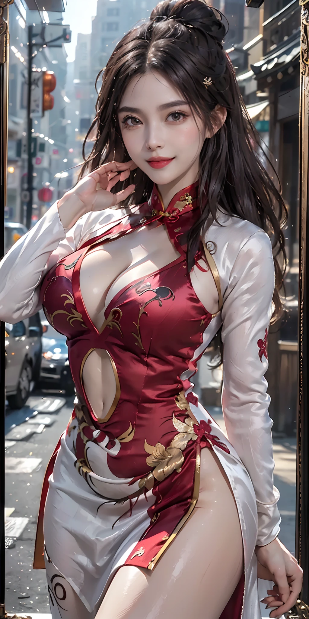 ((Best Quality, 8K, Masterpiece: 1.3)), cowboy shot, extremely Cute Beautiful Woman, 1 Girl, (Beautiful Breasts:1.3), (Abs, Slender Figure: 1.1), Sharp Focus, (((Intricate Details)), High Detail, Upper Body, One Girl, Black twin-buns Hair with bangs, chinese kanzashi, (luxury satin cleavage cut-out evening Chinese dress:1.5), lace, detailed evening dress, 8K, 8K Resolution, clean detailed face, Detailed Body, Detailed Clothes, Sharp Images, hyper-sharp image, Japan Anime Concept Art, trending on Artstation, ((looking the viewer, facing the viewer, staring the viewer:1.3)), seductive sexy pose, ((seductive smile, light smile:1.35)), pink lipstick, bokeh, field of depth, 8.5 life size, 8k resolution, (shot on EOS 5D Mark IV, 35mm lens, f1.8), (ancient Chinese Street Background, no-human simple background, detailed background), ((frame the head:1.3), detailed human hands, perfect human hands, perfect anatomy, perfect proportion, ultra-sharp focus,
