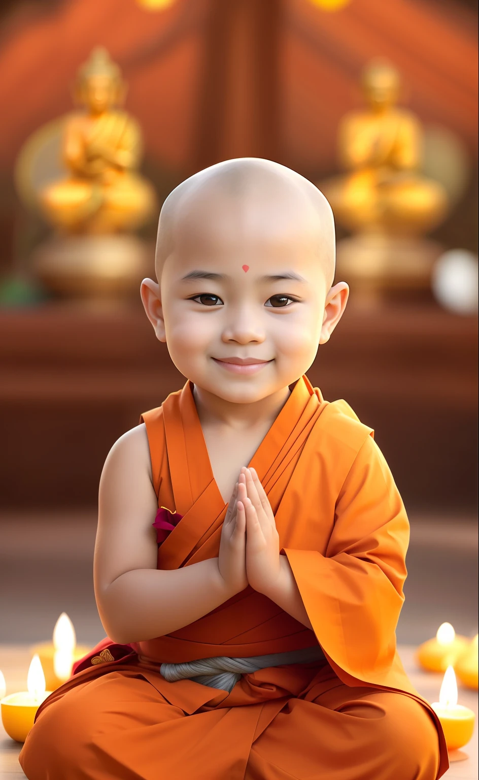 a close up of a sitting in a meditation position, Buddhist, buddhist monk, Buddhism, monk clothes, a serene smile, monk, monk meditation, screensaver, kiddy big breasts, cute cute, nivanh chanthara, Cute boy, Happy kids, personal profile picture, Serene expression, Innocent smile, beautiful lovely, cute beautiful, peace, lovely digital painting, Thai
