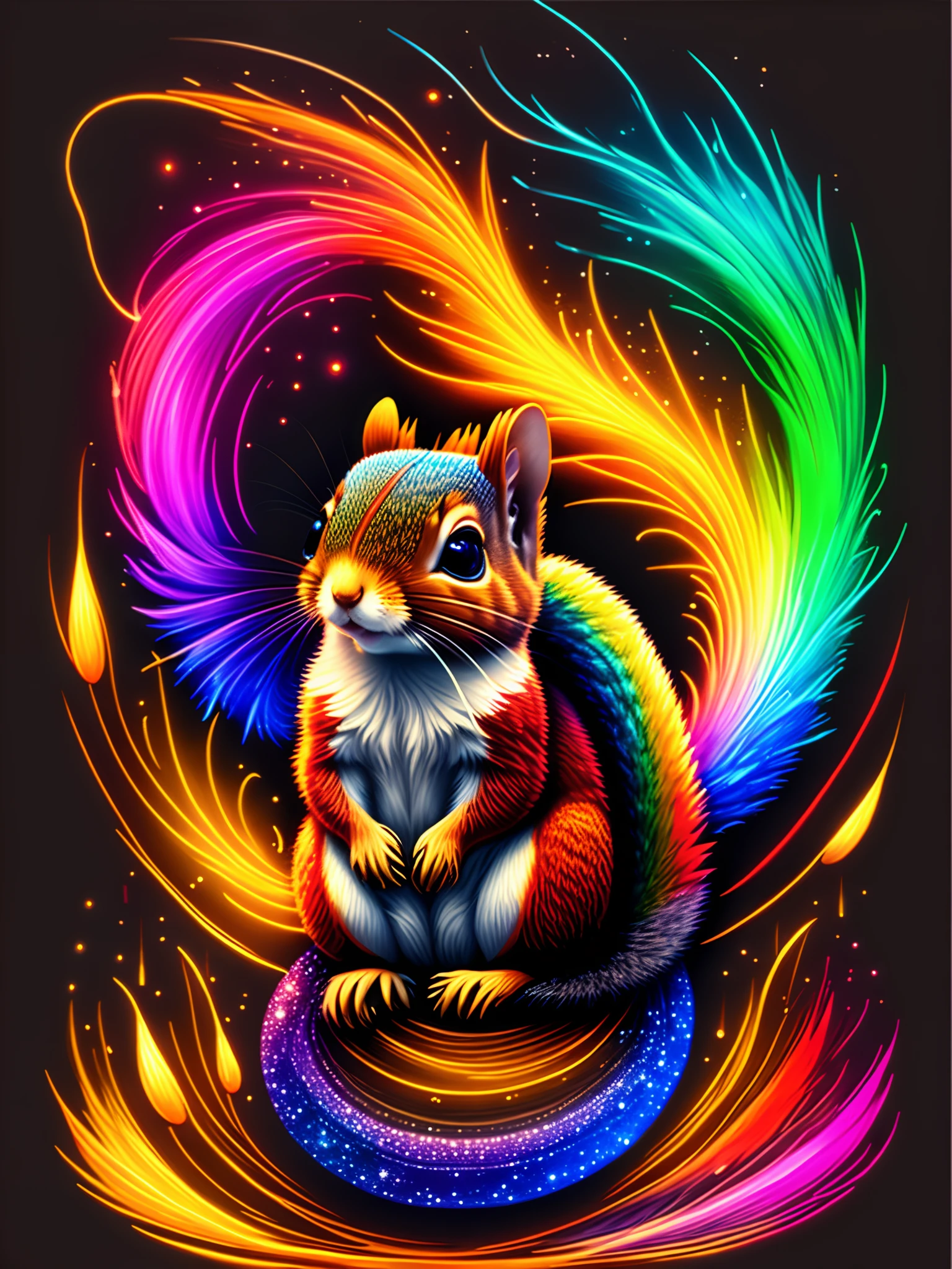 a painting of a colorful squirrel on a black background,, breathtaking rendering, within a radiant connection, inspired by Kinuko Y. Craft,, magical elements, kitten icon, wow, is beautiful, casting a multi colorful spell, bright flash, flash