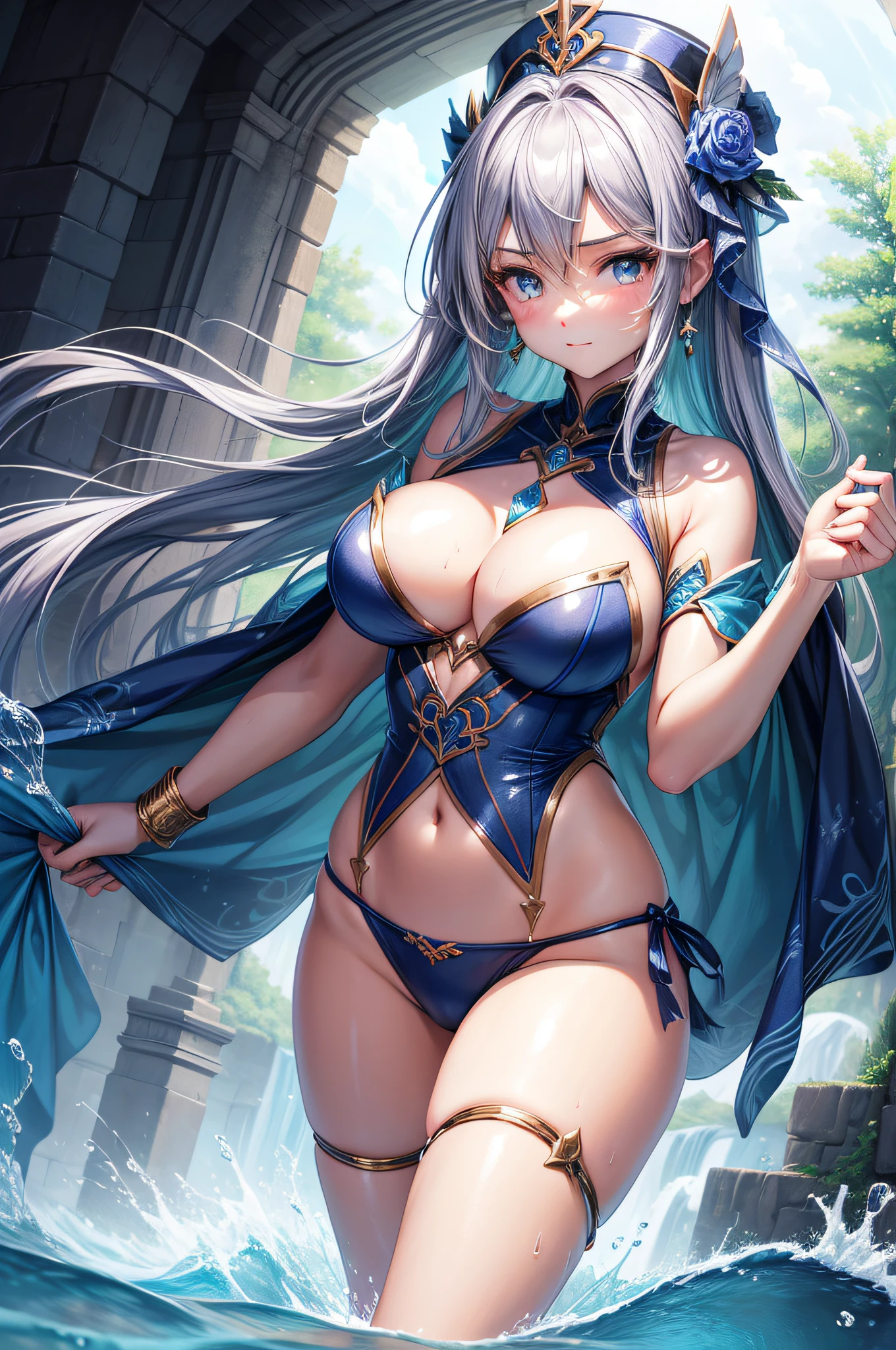 (tmasterpiece), best qualtiy , ,magestic,Water magic behind you ,Wearing water attribute magic long-distance running , illustration ,big breasts beautiful , sacred place ,combats ,4K ,big breasts beautiful