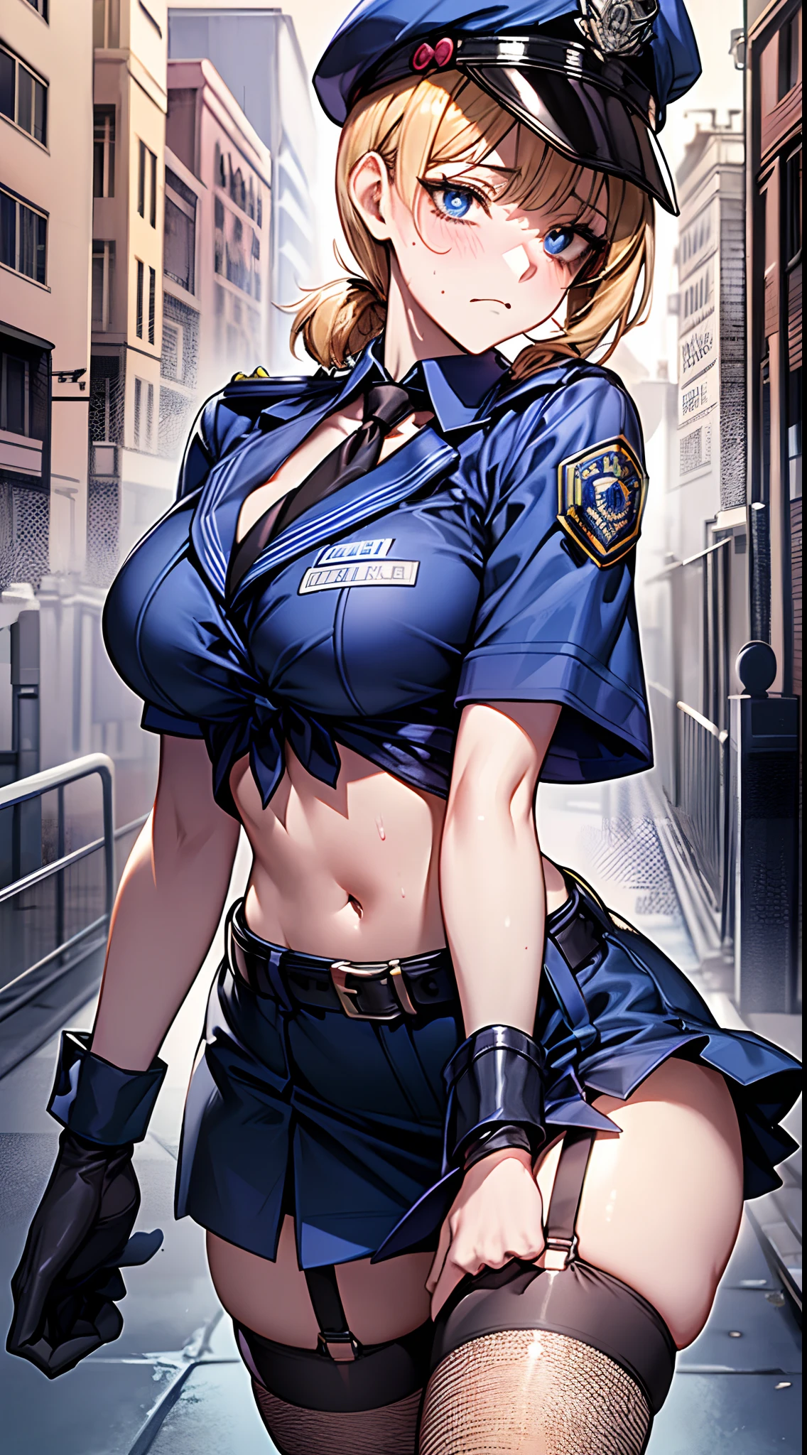 ((masutepiece:1.3)), 1girl solo, Eye focus, ((1girl in)), ((Solo)), Mature, Cowboy Shot, Beautiful detailed eyes, Expressive eyes, Clean eyelashes, ((shiny eyes)), (((Glossy eyes))), Reflective eyes, sparkly eyes, sparkle in eyes, 1girl in, annoyed, Dark blue police uniform, police, Cuffed, Holding handcuffs, policewoman, ((Facing:1.3)) ,uniform, Cuffs, Police Hat, gloves, Solo, thigh highs, fishnets thigh highs, Dark blue hat, neck tie, Skirt, breasts, blush, Black Gloves, blonde hair, Semi-long hair, Blunt bangs, Bangs, Single thigh height, Belt bag, garter strap, Underwear, black necktie, Panties, Midriff, fish net, Looking at Viewer, Navel, Navy blue micro mini skirt, Large breasts, crop top, Navy blue shirt, High Leg Panties, Short sleeves, Shirt, Blue eyes, Miniskirt, Sweat, Summer, Walkway, Trees, city, boulevard