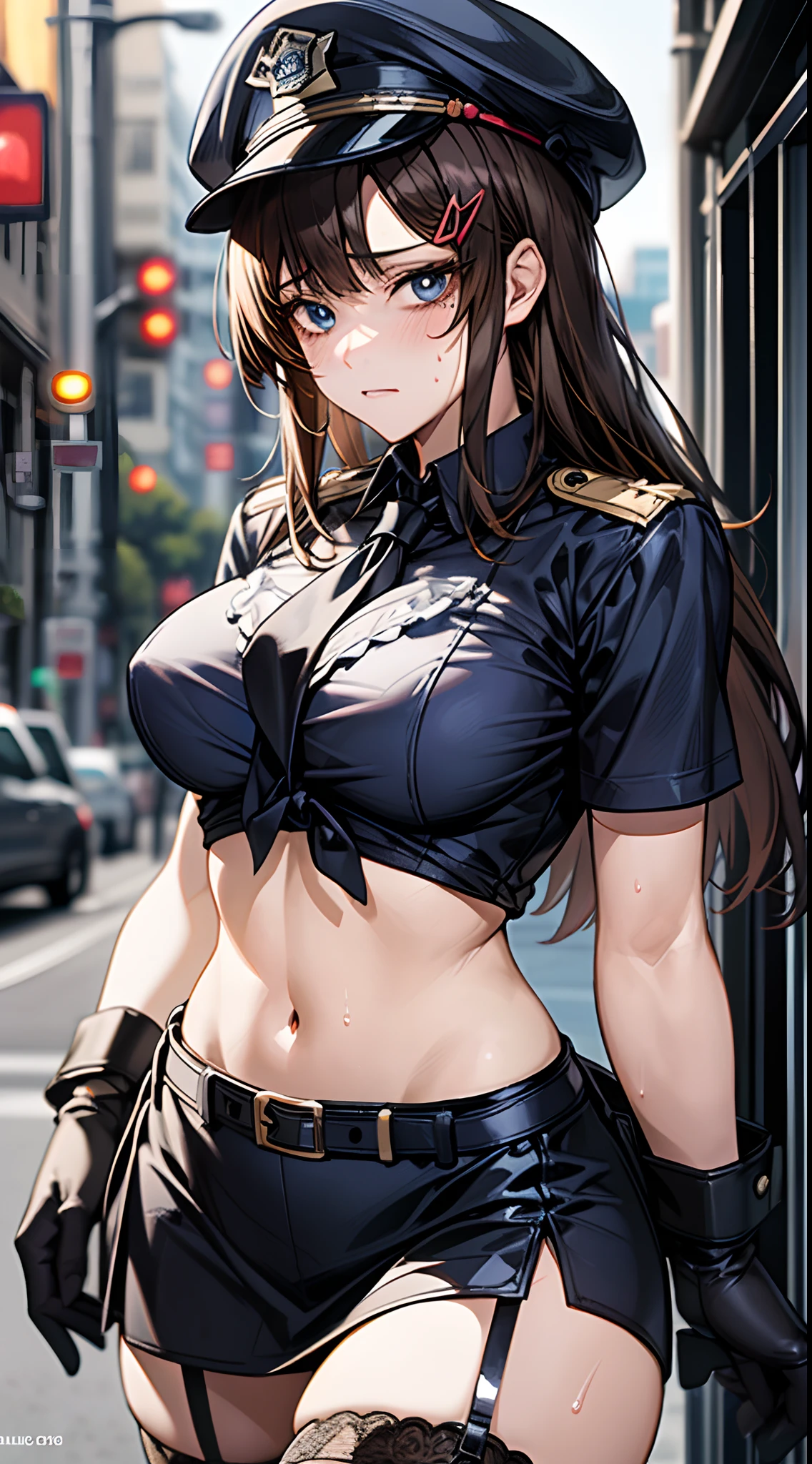 ((masutepiece:1.3)), 1girl solo, Eye focus, ((1girl in)), ((Solo)), Mature, Cowboy Shot, Beautiful detailed eyes, Expressive eyes, Clean eyelashes, ((shiny eyes)), (((Glossy eyes))), Reflective eyes, sparkly eyes, sparkle in eyes, 1girl in, annoyed, Dark blue police uniform, police, Cuffed, Holding handcuffs, policewoman, ((Facing:1.3)) ,uniform, Cuffs, Police Hat, gloves, Solo, thigh highs, fishnets thigh highs, Dark blue hat, neck tie, Skirt, breasts, blush, Black Gloves, blonde hair, Semi-long hair, Blunt bangs, Bangs, Single thigh height, Belt bag, garter strap, Underwear, black necktie, Panties, Midriff, fish net, Looking at Viewer, Navel, Navy blue micro mini skirt, Large breasts, crop top, Navy blue shirt, High Leg Panties, Short sleeves, Shirt, Blue eyes, Miniskirt, Sweat, Summer, Walkway, Trees, city, boulevard