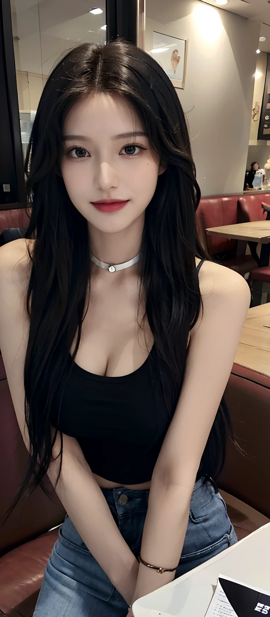 (realistic, high resolution:1.3), (face close up), 1 girl with perfect figure, super fine face and eyes, black hair, long hair, tank top: 1.2 in random colors, short jeans, in a café, coffee on the table, big breasts, cleavage, choker, smile