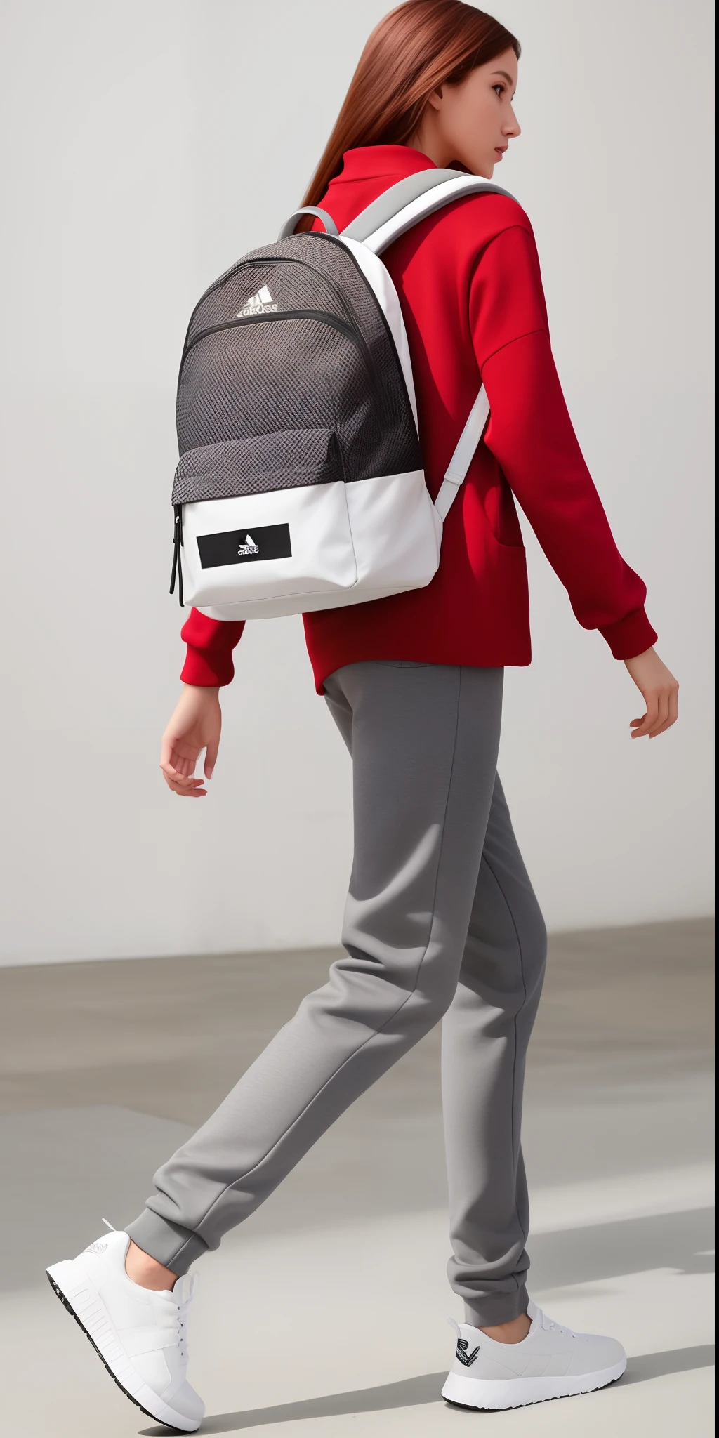 A beautiful woman in a red sweater and gray pants carrying a backpack, roupas esportivas, roupas esportivas, apenas vermelho e cinza, Futuristic technological wear and tear, roupas esportivas vermelhas, moda do futuro, uma mochila, roupas do futuro, mochila, roupas esportivas fofas, hind legs and human sneakers, com uma mochila, smart textiles, 2 mulheres techwear, usando roupas adidas