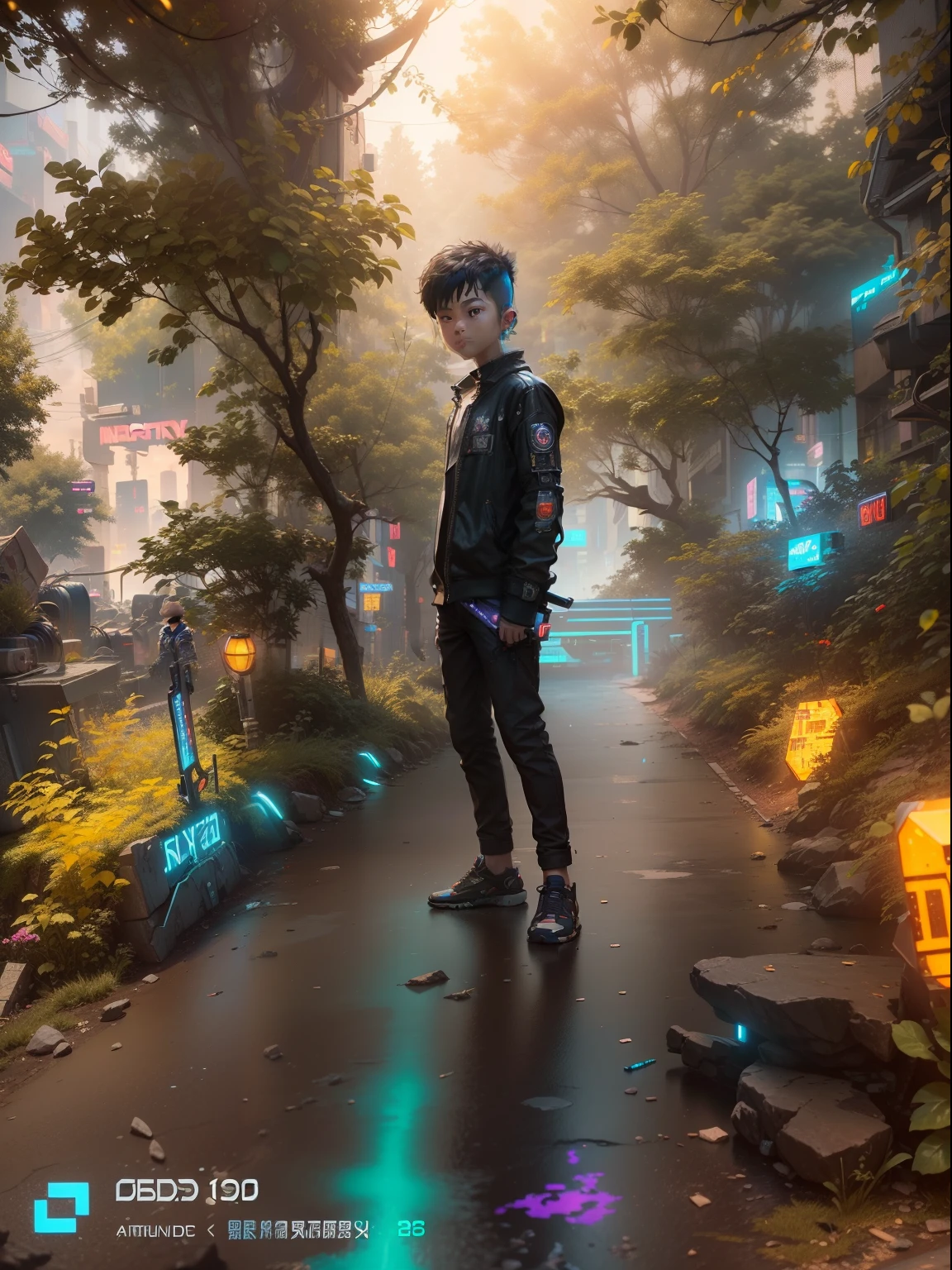 ((Best Quality)), ((Masterpiece)), (Highly Detailed:1.3), 3D, Little Boy, 12 years old, (cyberpunk:1.5), on the street, (holding_weapon:1.3), facing the audience, bright eyes, full body, glowing_eyes, mecha, panorama, f/1.4 lens, cyberpunk background, luminous sign, bokeh background, road, cars, cinematic lights, particles, Reality, HDR (High Dynamic Range), Ray Tracing, NVIDIA RTX, Super Resolution, Unreal 5, Subsurface Scattering, PBR Textures, Post-Processing, Anisotropic Filtering, Depth of Field, Maximum Clarity and Clarity, Multilayer Textures, Albedo and Specular Maps, Surface Shading, Accurate Simulation of Light-Material Interaction, Perfect Proportions, Octane Render, Two-Tone Lighting, Large Aperture, Low ISO, White Balance, Rule of Thirds, 8K RAW, Efficient Sub-Pixel, Sub-pixel Volume Product, (best quality), (Liu Yi Fei: 1.5)