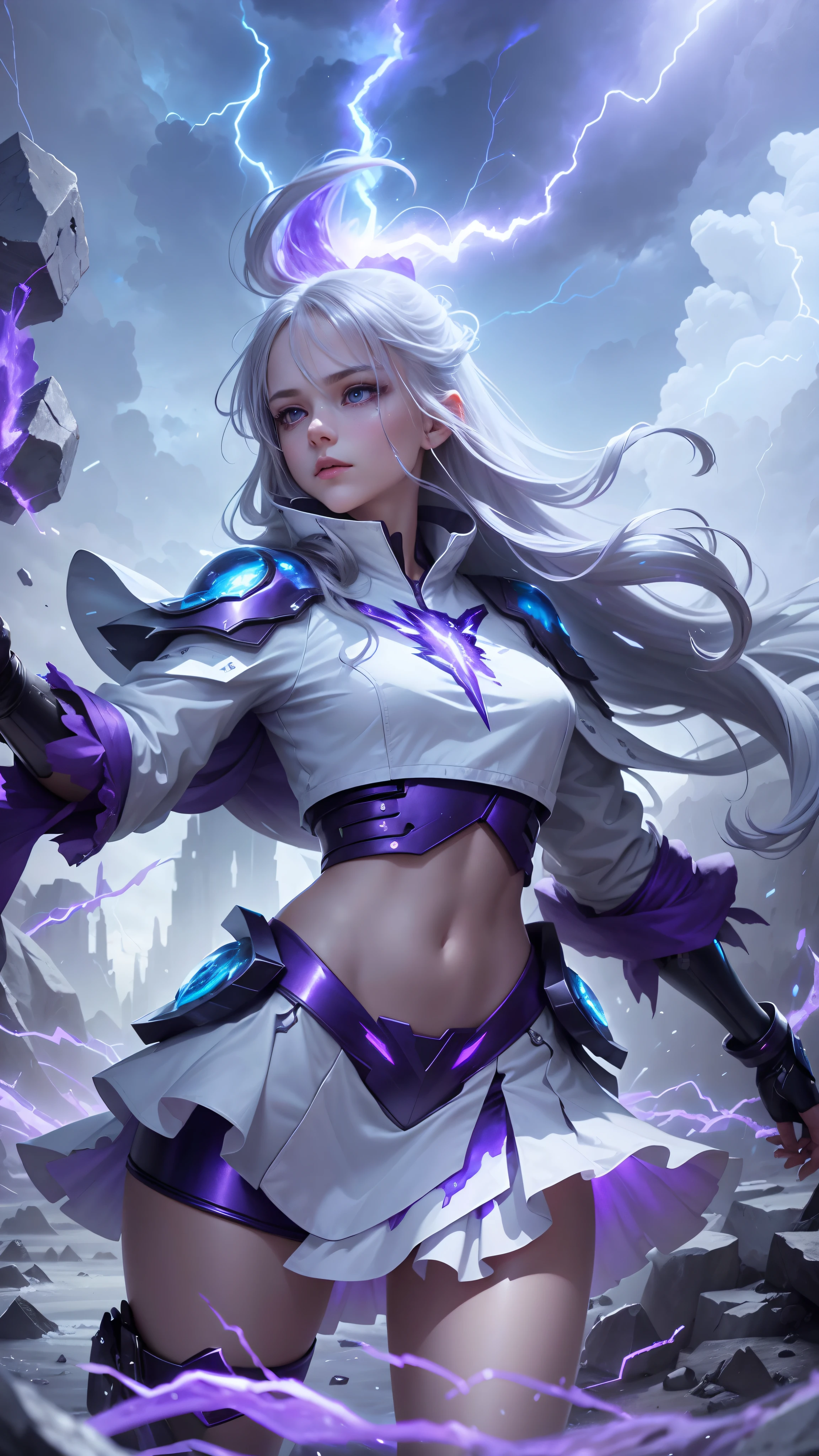 A girl, shiny silver hair, extra-long hair, delicate face, delicate eyes, icy environment, blue-purple environment, surrounded by many blue-purple lightning bolts, explosive lightning elements floating in front of the body, dreamy, mysterious, 8k, full body