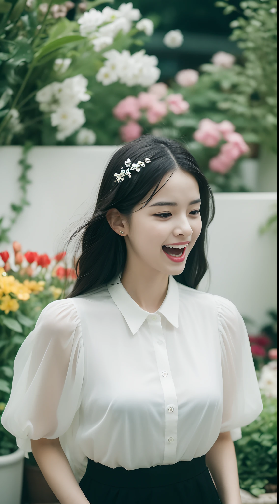 (8K, RAW photo, Best quality)1girll, Lovely face, The mouth opens slightly,having fun,Jet-black hair,Delicate hair accessories,White color blouse,Fun action,temperament, Flower shop, Outdoors,Rainy sky,Background bokeh,Focalors,filmgrain,
