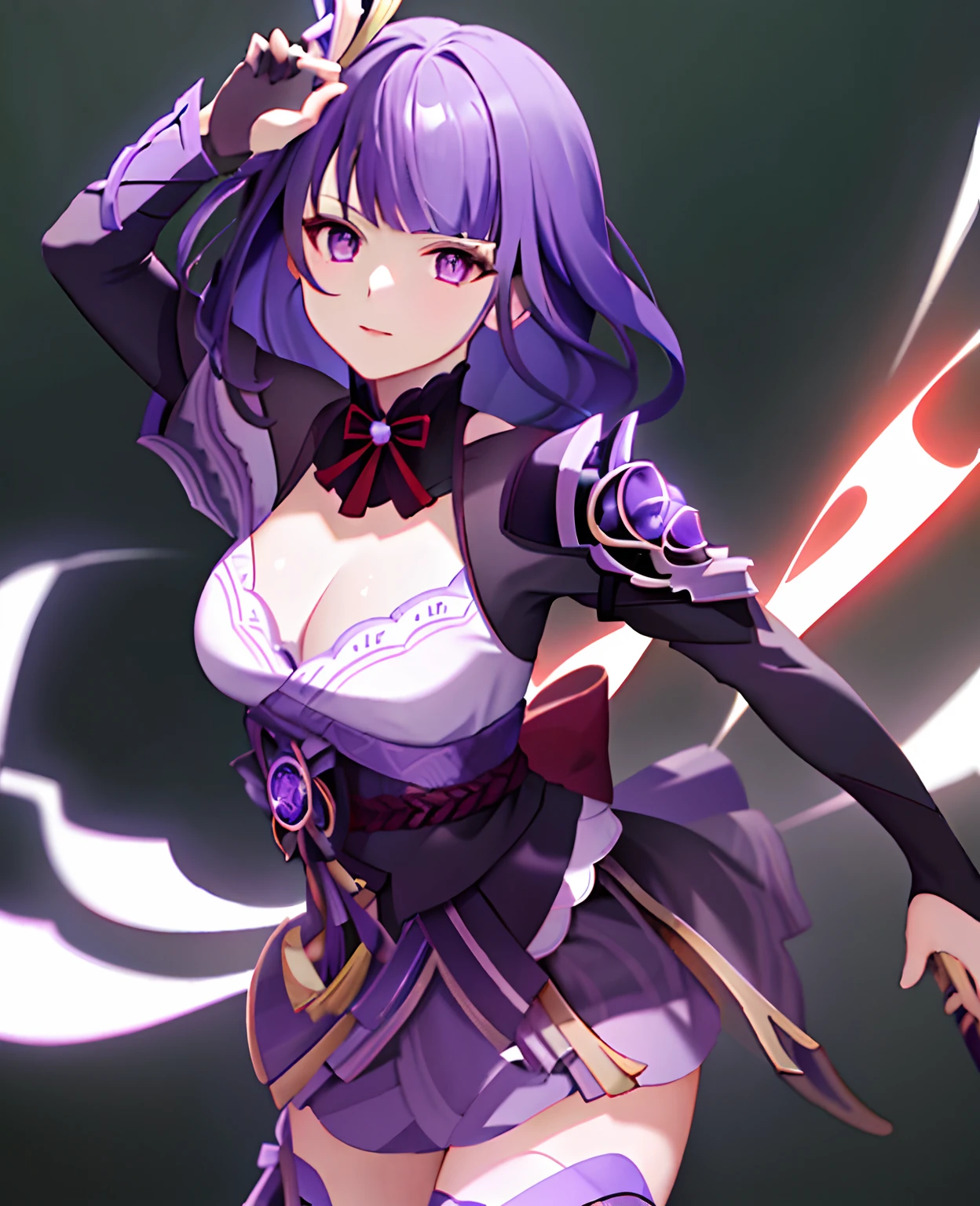 tmasterpiece, best quality, 1girl, solo, raiden_genshin, 校服,, Purple skirt, tiese